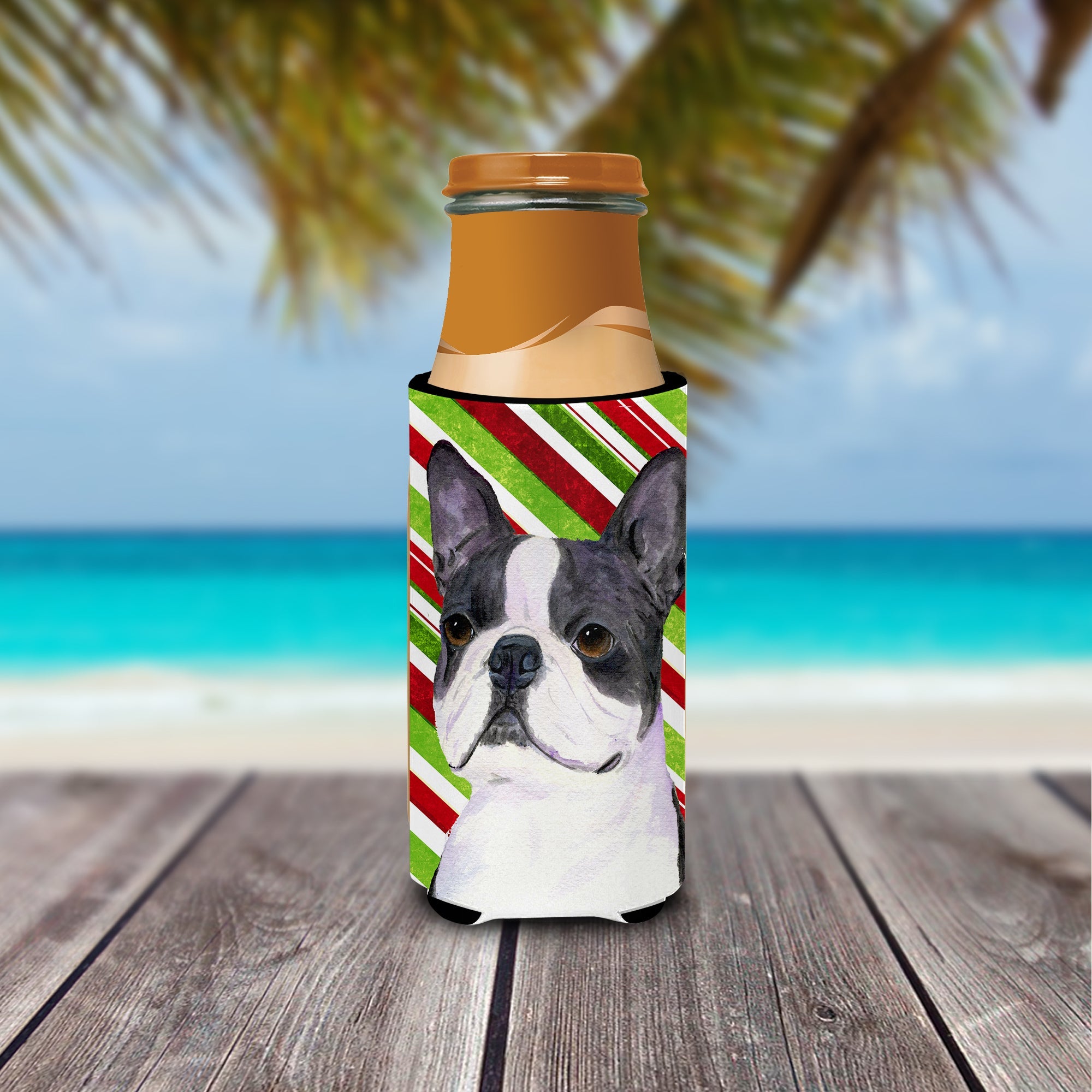 Boston Terrier Candy Cane Holiday Christmas Slim Can Hugger , Insulated Foam Hugger for 12 oz Slim Cans, Beer Bottles & Water Bottles, Printed in USA