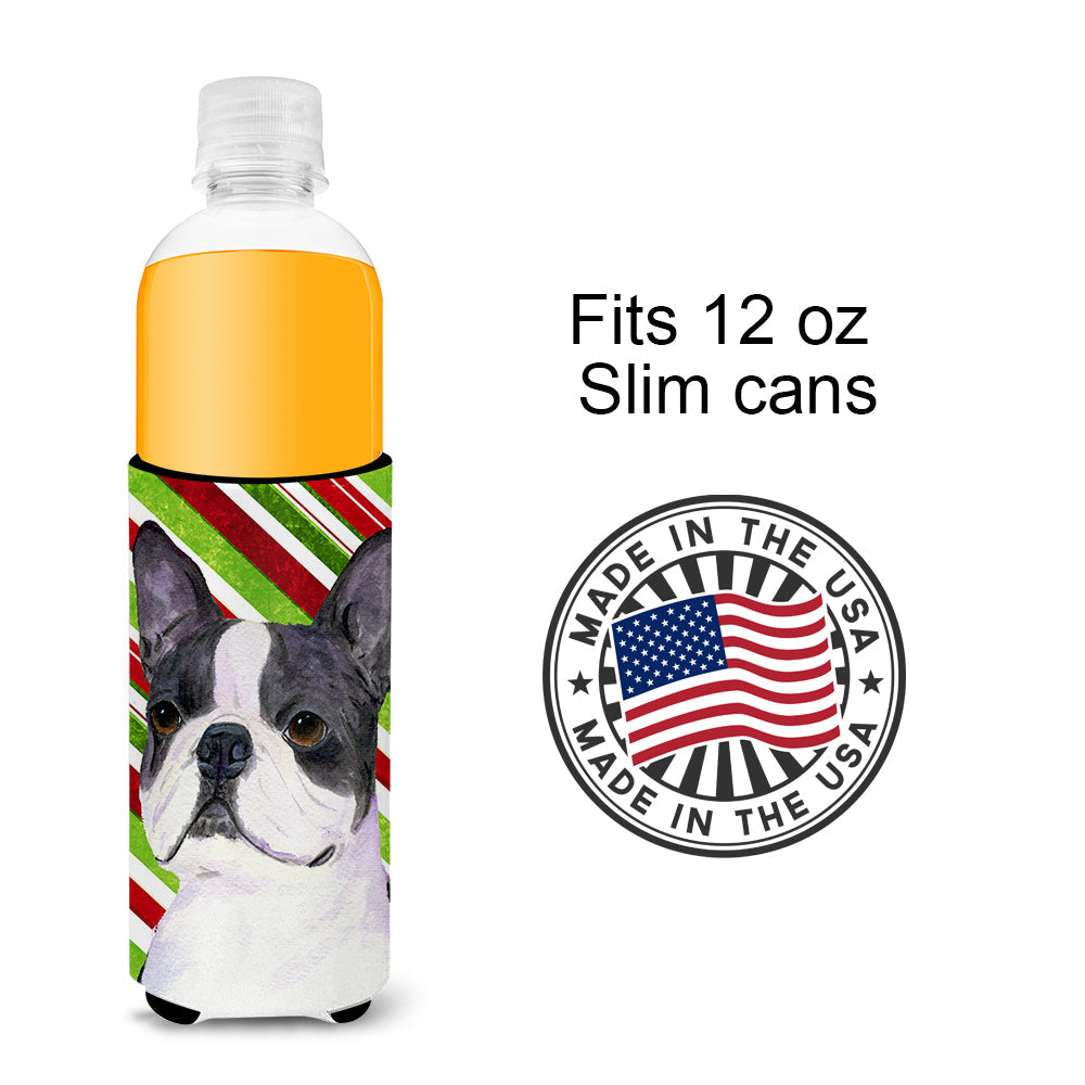 Boston Terrier Candy Cane Holiday Christmas Slim Can Hugger , Insulated Foam Hugger for 12 oz Slim Cans, Beer Bottles & Water Bottles, Printed in USA