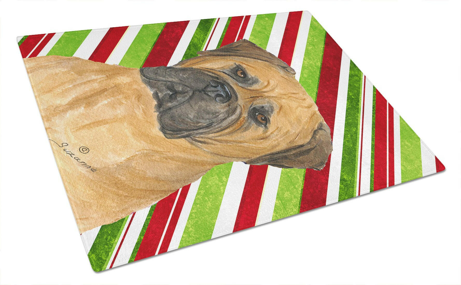 Bullmastiff Candy Cane Holiday Christmas Cutting Board Tempered Glass Kitchen Cutting Surface, Heat Resistant Chopping, Non-Slip Feet, Food Prep & Serving