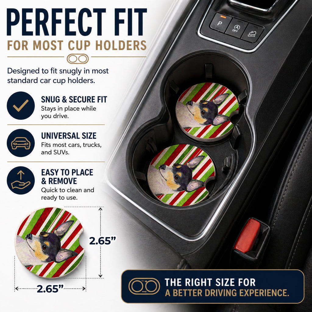 Chihuahua Candy Cane Holiday Christmas Set of 2 Cup Holder Car Coasters Absorbent Round Sandstone Coasters Gifts for Men or Women, 2.5, Multicolor