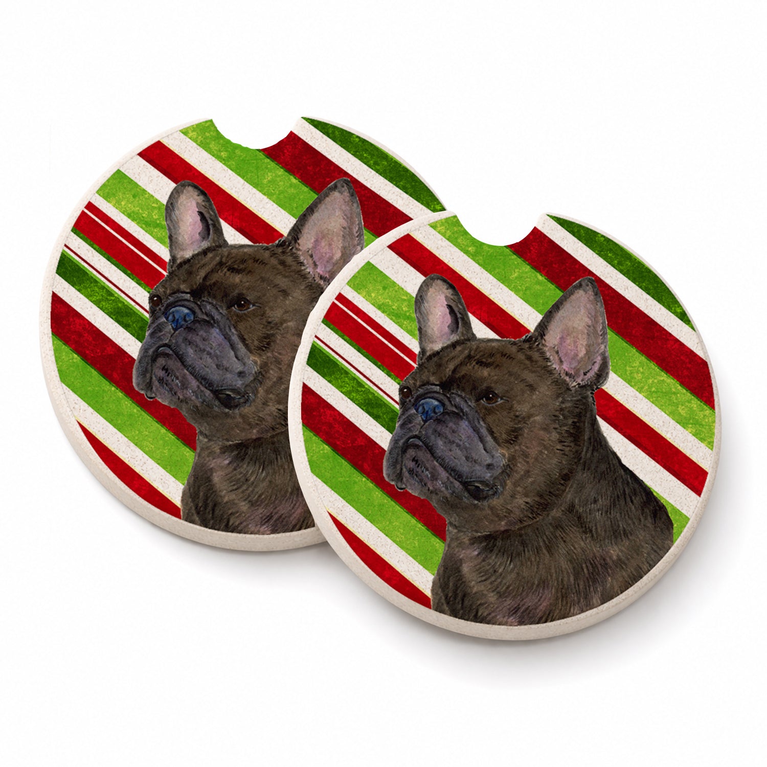 French Bulldog Candy Cane Holiday Christmas Set of 2 Cup Holder Car Coasters Absorbent Round Sandstone Coasters Gifts for Men or Women, 2.5, Multicolor
