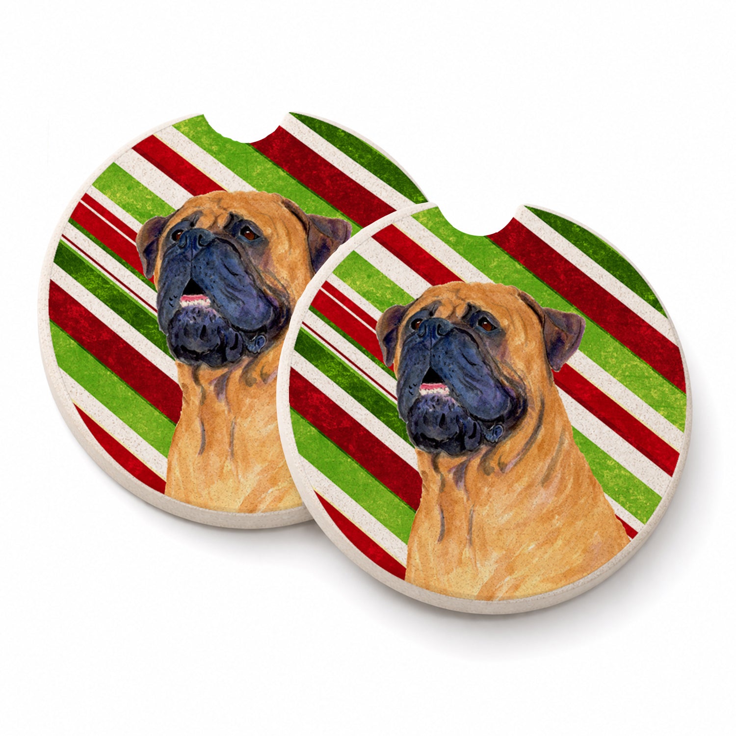 Mastiff Candy Cane Holiday Christmas Set of 2 Cup Holder Car Coasters Absorbent Round Sandstone Coasters Gifts for Men or Women, 2.5, Multicolor