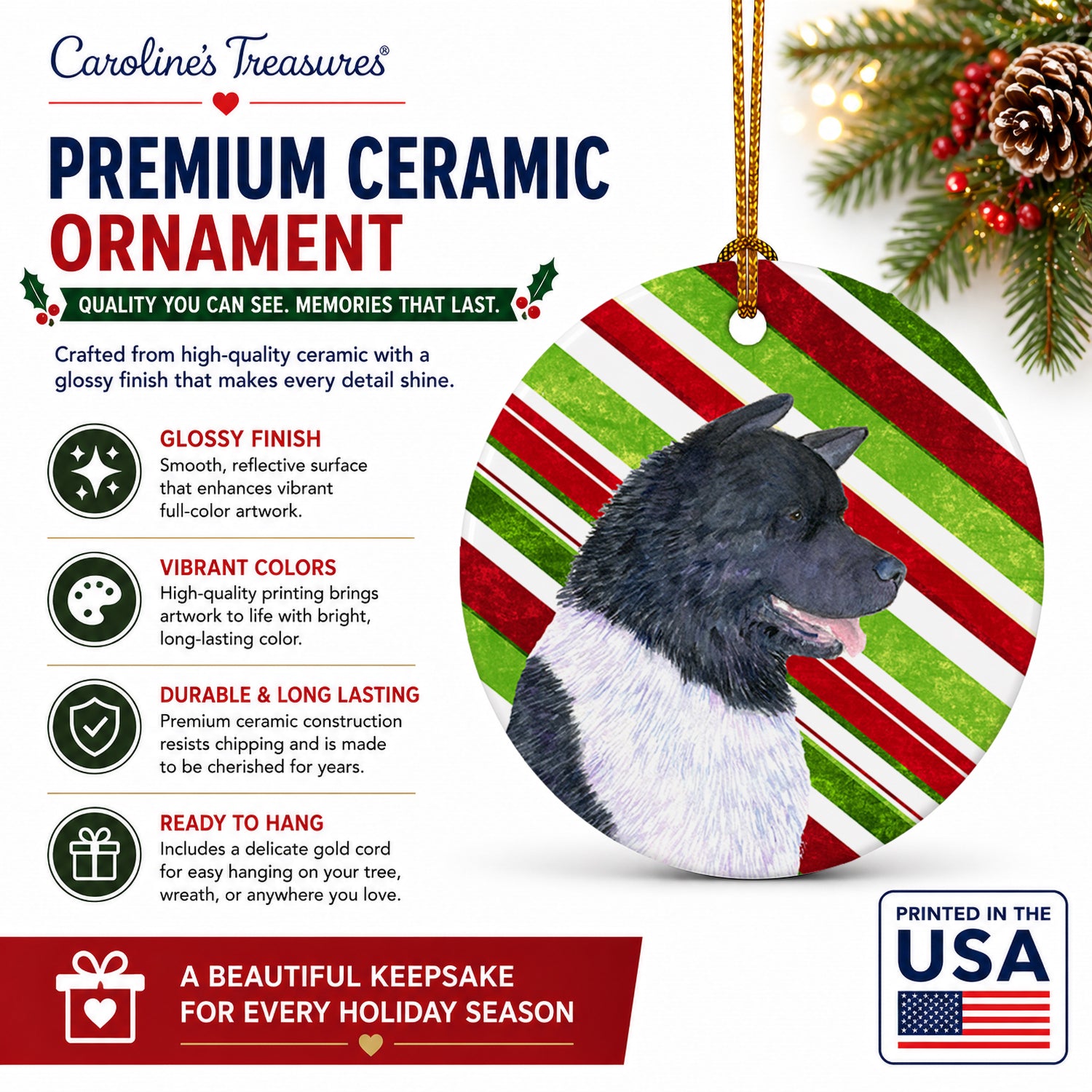 Akita Candy Cane Holiday Christmas Ceramic Ornament Christmas Tree Hanging Decorations for Home Christmas Holiday, Party, Gift, 3 in, Multicolor