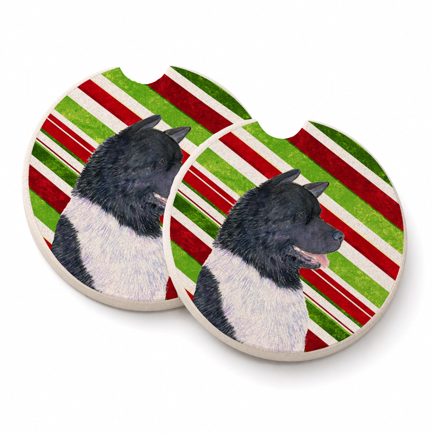 Akita Candy Cane Holiday Christmas Set of 2 Cup Holder Car Coasters Absorbent Round Sandstone Coasters Gifts for Men or Women, 2.5, Multicolor