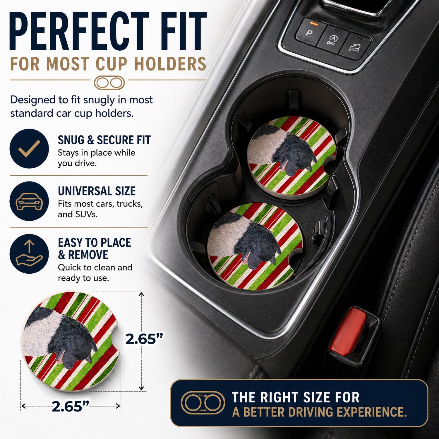 Akita Candy Cane Holiday Christmas Set of 2 Cup Holder Car Coasters Absorbent Round Sandstone Coasters Gifts for Men or Women, 2.5, Multicolor