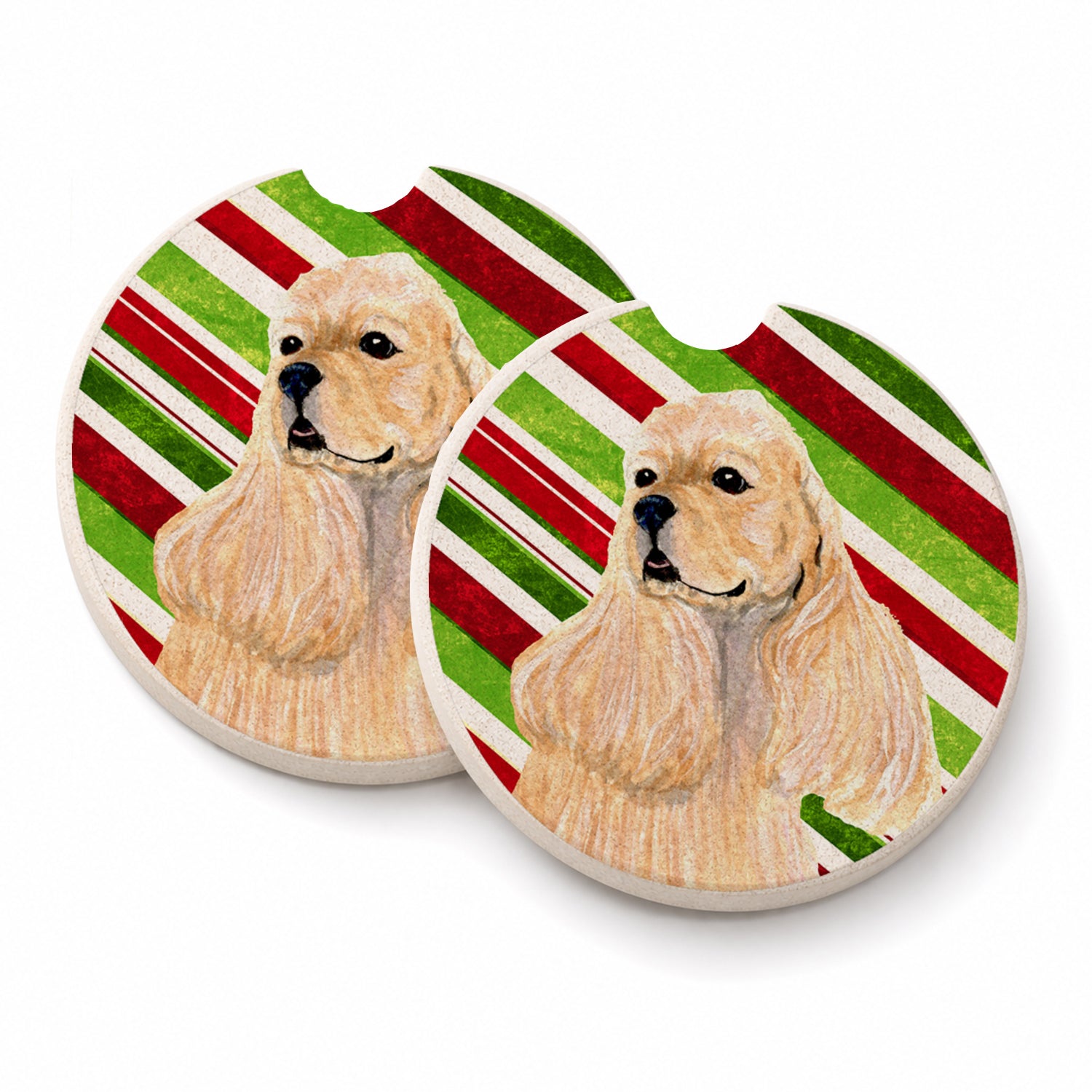 Cocker Spaniel Candy Cane Holiday Christmas Set of 2 Cup Holder Car Coasters Absorbent Round Sandstone Coasters Gifts for Men or Women, 2.5, Multicolor