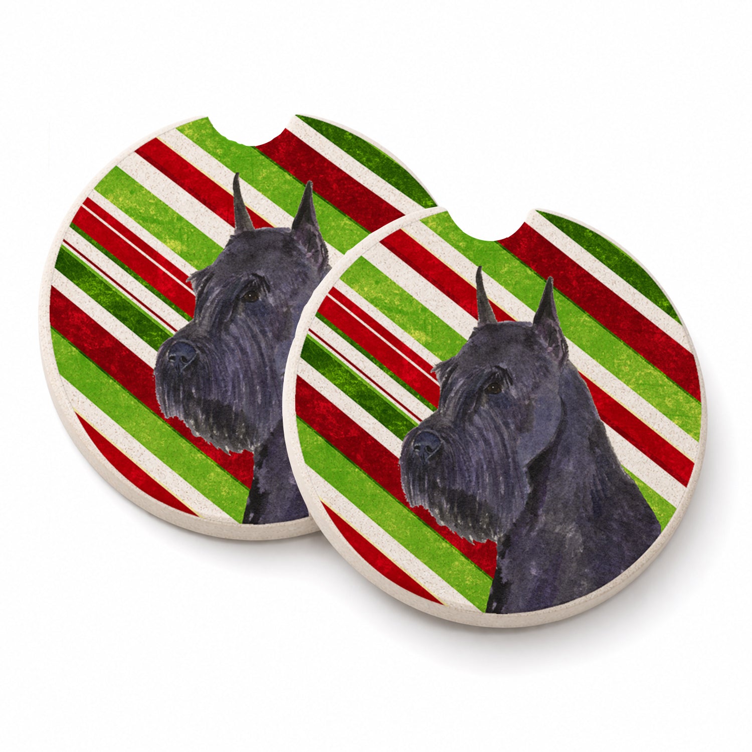 Schnauzer Candy Cane Holiday Christmas Set of 2 Cup Holder Car Coasters Absorbent Round Sandstone Coasters Gifts for Men or Women, 2.5, Multicolor