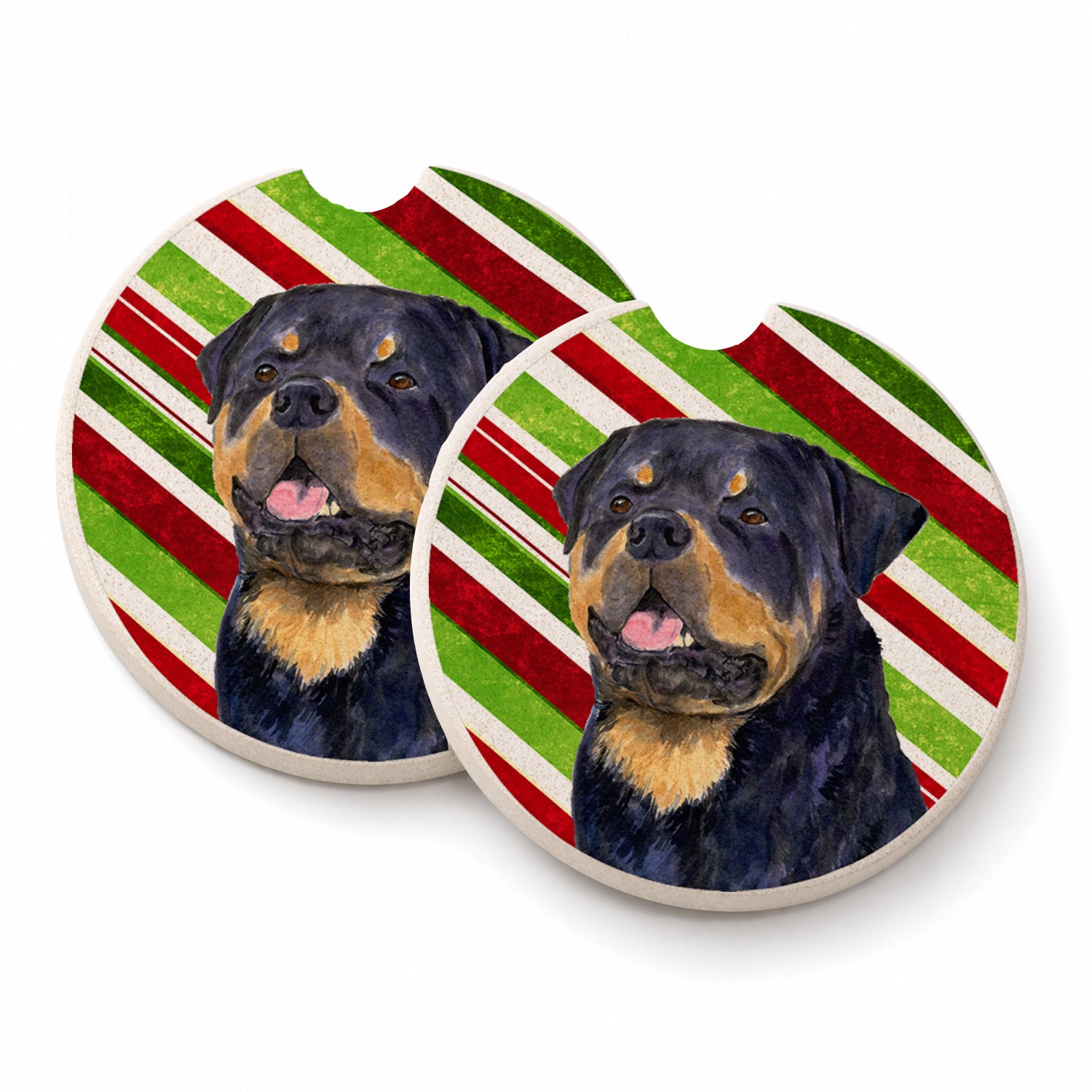 Rottweiler Candy Cane Holiday Christmas Set of 2 Cup Holder Car Coasters Absorbent Round Sandstone Coasters Gifts for Men or Women, 2.5, Multicolor