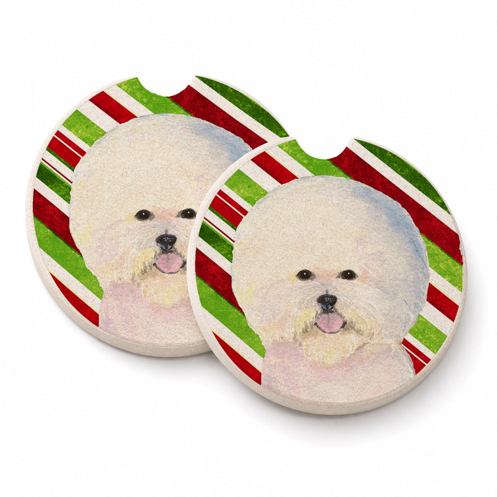 Bichon Frise Candy Cane Holiday Christmas Set of 2 Cup Holder Car Coasters Absorbent Round Sandstone Coasters Gifts for Men or Women, 2.5, Multicolor