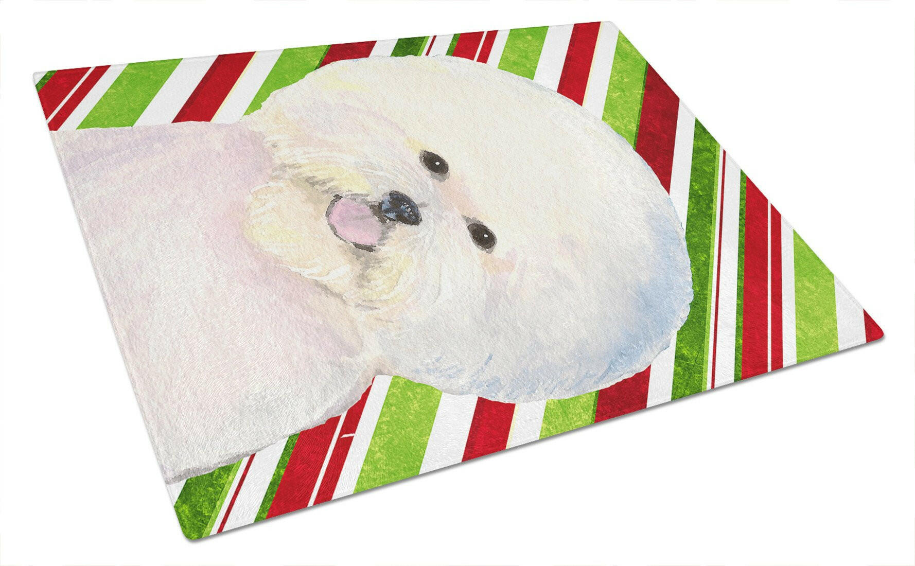 Bichon Frise Candy Cane Holiday Christmas Cutting Board Tempered Glass Kitchen Cutting Surface, Heat Resistant Chopping, Non-Slip Feet, Food Prep & Serving