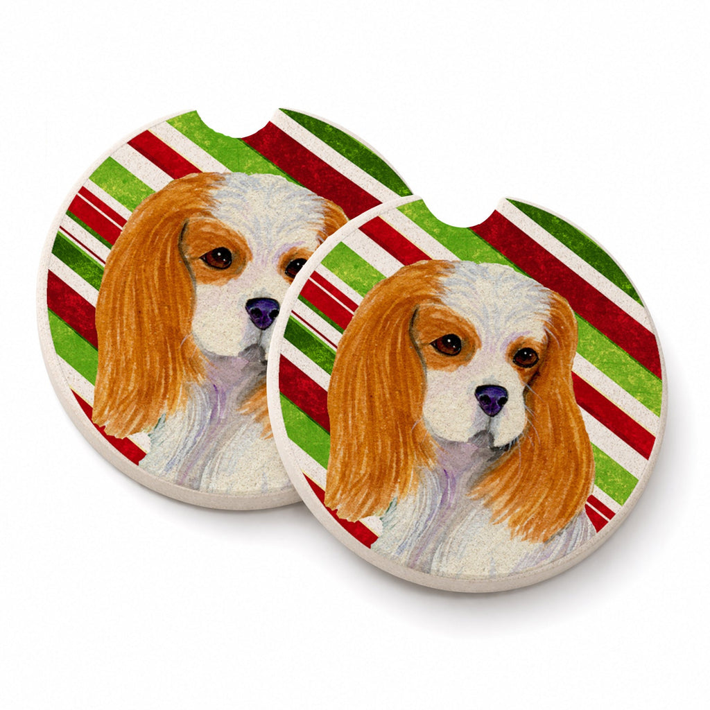 Cavalier Spaniel Candy Cane Holiday Christmas Set of 2 Cup Holder Car Coasters Absorbent Round Sandstone Coasters Gifts for Men or Women, 2.5, Multicolor