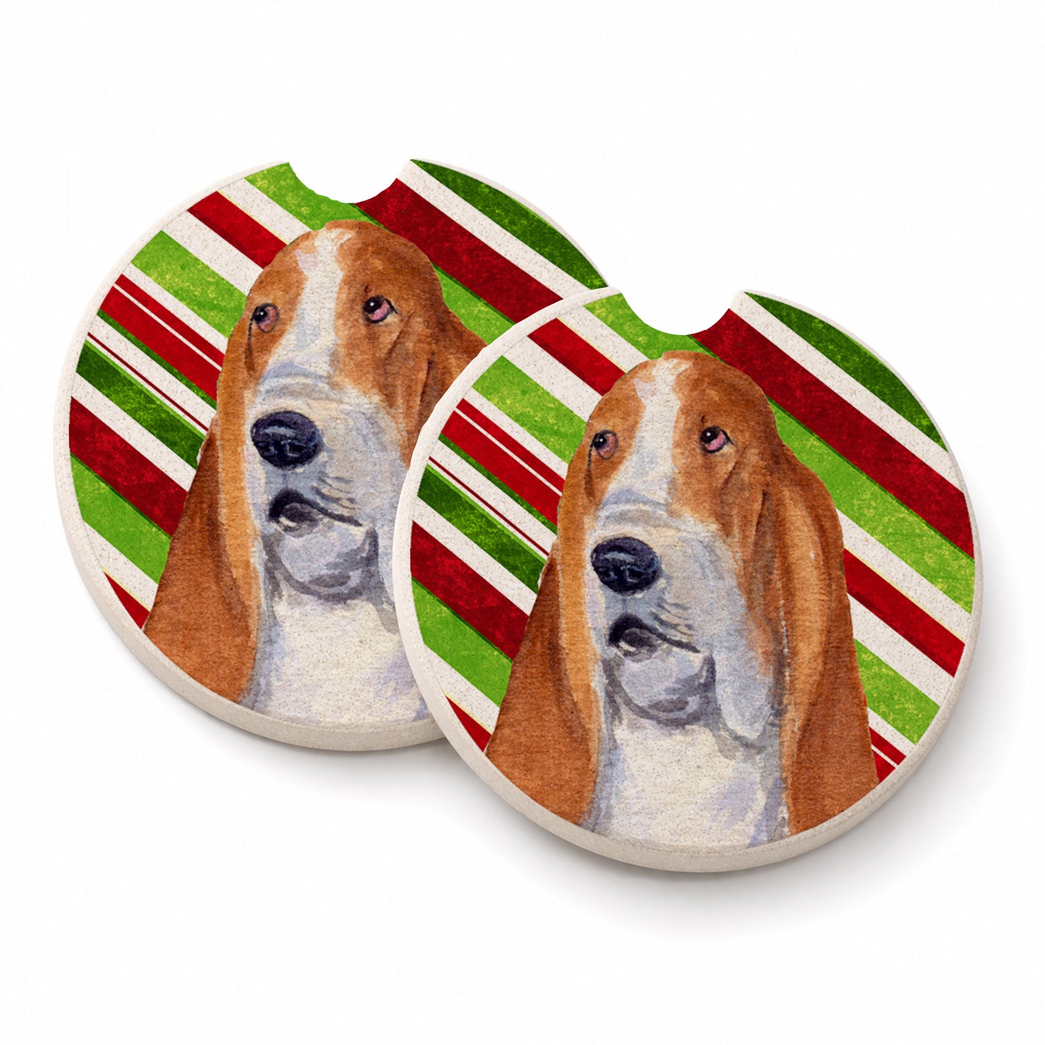 Basset Hound Candy Cane Holiday Christmas Set of 2 Cup Holder Car Coasters Absorbent Round Sandstone Coasters Gifts for Men or Women, 2.5, Multicolor