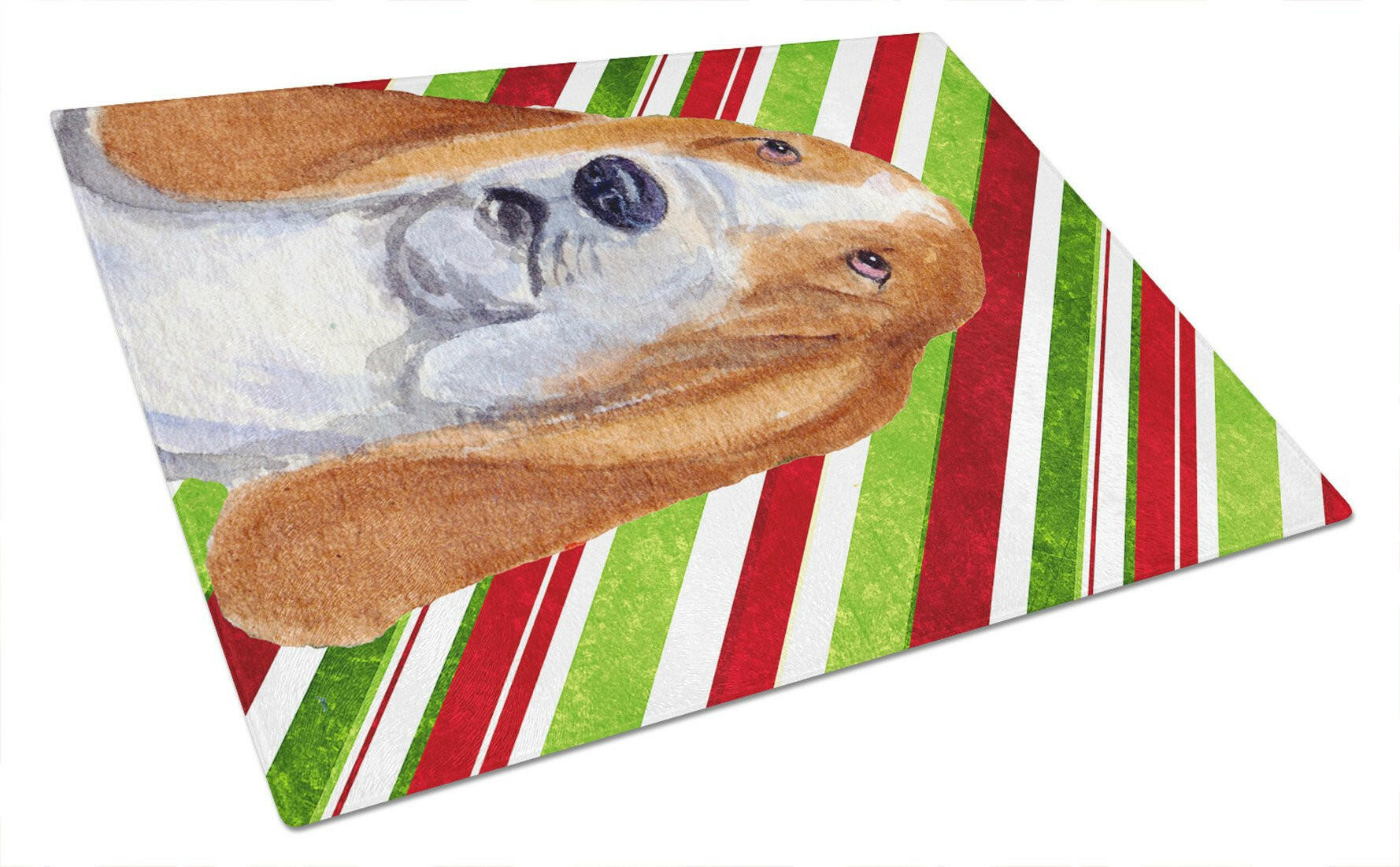 Basset Hound Candy Cane Holiday Christmas Cutting Board Tempered Glass Kitchen Cutting Surface, Heat Resistant Chopping, Non-Slip Feet, Food Prep & Serving