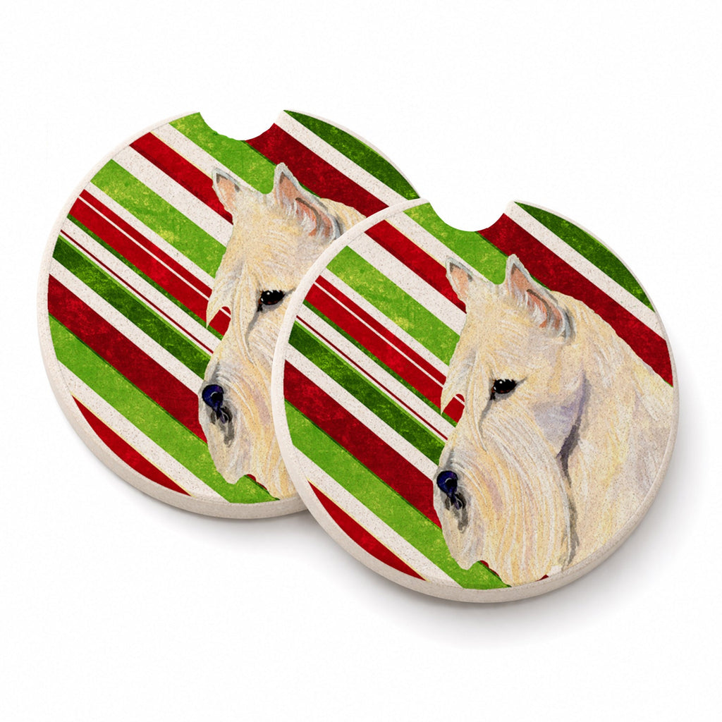 Scottish Terrier Candy Cane Holiday Christmas Set of 2 Cup Holder Car Coasters Absorbent Round Sandstone Coasters Gifts for Men or Women, 2.5, Multicolor