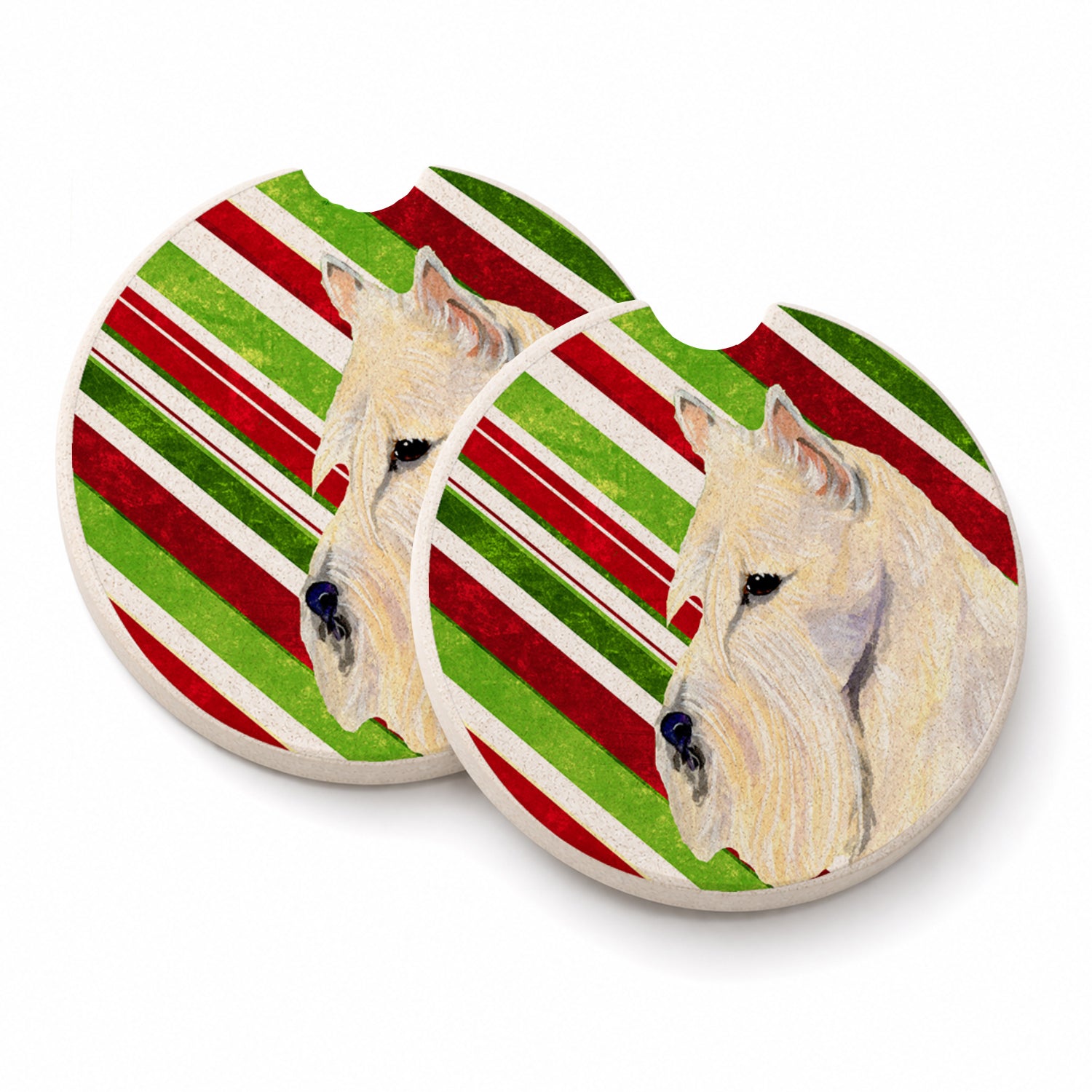 Scottish Terrier Candy Cane Holiday Christmas Set of 2 Cup Holder Car Coasters Absorbent Round Sandstone Coasters Gifts for Men or Women, 2.5, Multicolor