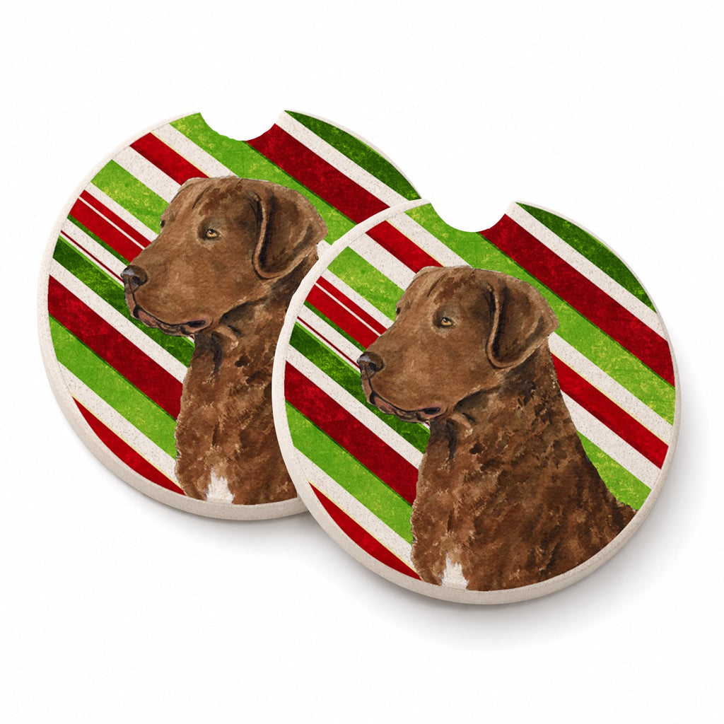 Chesapeake Bay Retriever Candy Cane Holiday Christmas Set of 2 Cup Holder Car Coasters Absorbent Round Sandstone Coasters Gifts for Men or Women, 2.5, Multicolor