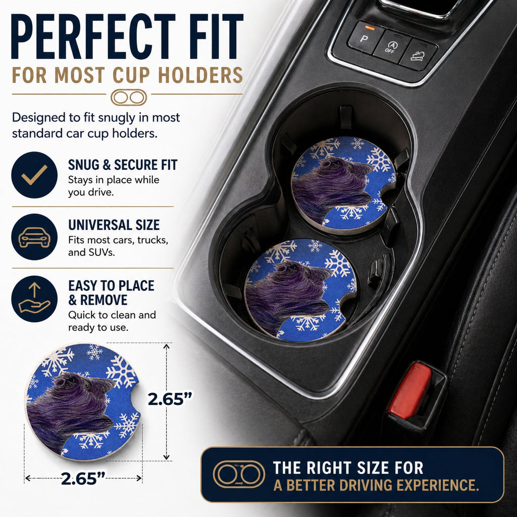 Skye Terrier Winter Snowflakes Holiday Set of 2 Cup Holder Car Coasters Absorbent Round Sandstone Coasters Gifts for Men or Women, 2.5, Multicolor