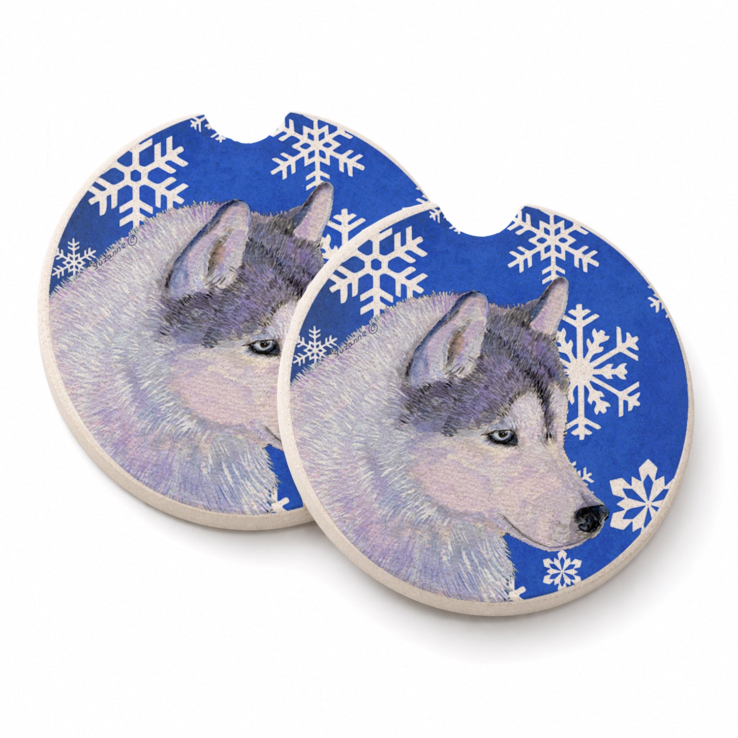 Siberian Husky Winter Snowflakes Holiday Set of 2 Cup Holder Car Coasters Absorbent Round Sandstone Coasters Gifts for Men or Women, 2.5, Multicolor