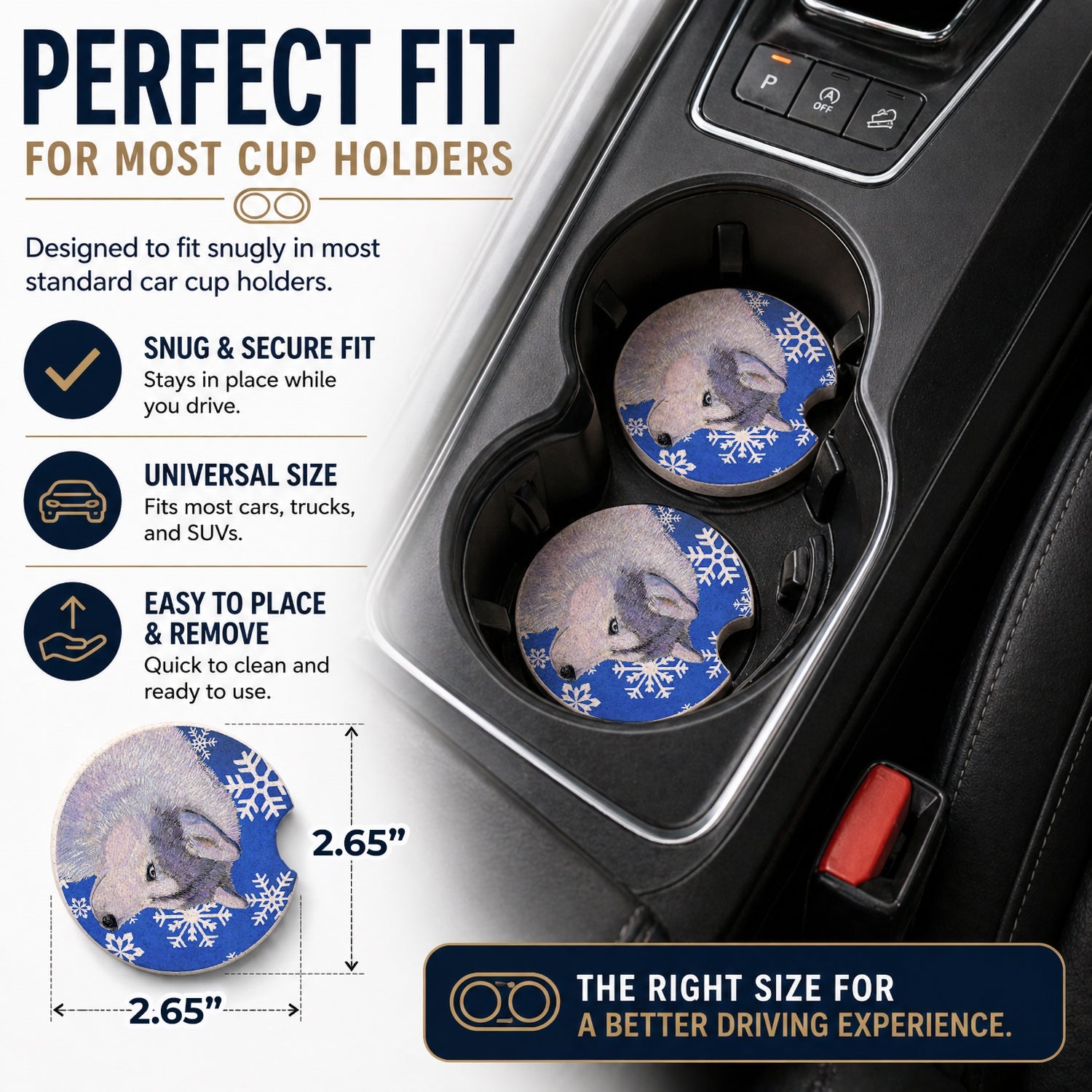 Siberian Husky Winter Snowflakes Holiday Set of 2 Cup Holder Car Coasters Absorbent Round Sandstone Coasters Gifts for Men or Women, 2.5, Multicolor