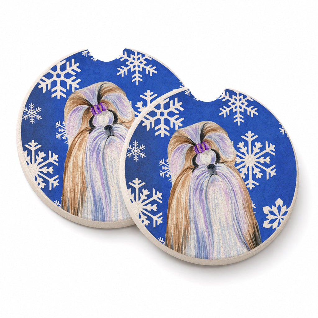 Shih Tzu Winter Snowflakes Holiday Set of 2 Cup Holder Car Coasters Absorbent Round Sandstone Coasters Gifts for Men or Women, 2.5, Multicolor