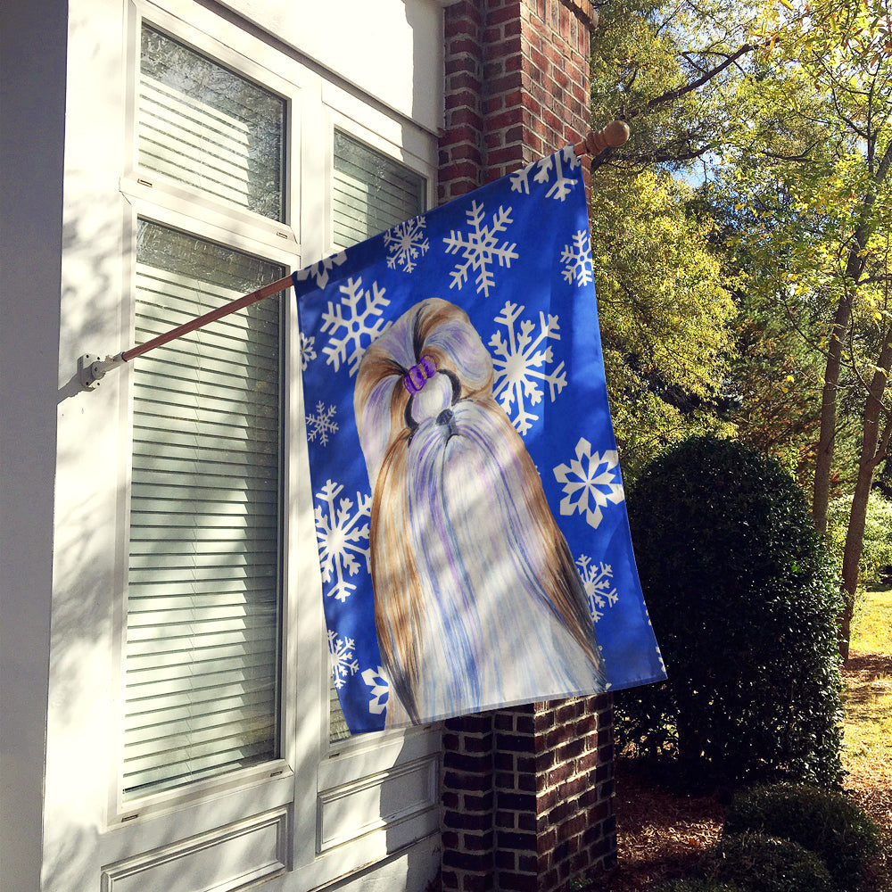 Shih Tzu Winter Snowflakes Holiday House Flag 28x40 Porch Sleeve Pole Decorative Outside Yard Banner Artwork Wall Hanging, Polyester