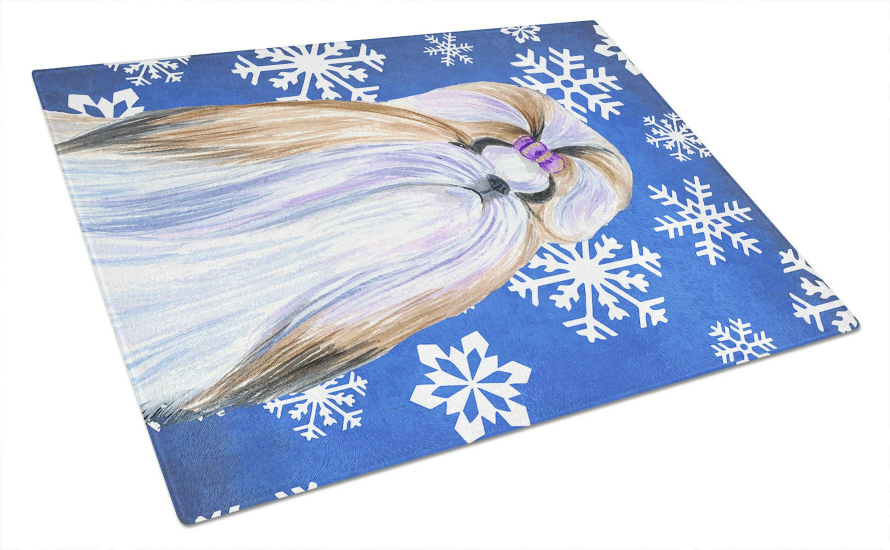 Shih Tzu Winter Snowflakes Holiday Cutting Board Tempered Glass Kitchen Cutting Surface, Heat Resistant Chopping, Non-Slip Feet, Food Prep & Serving
