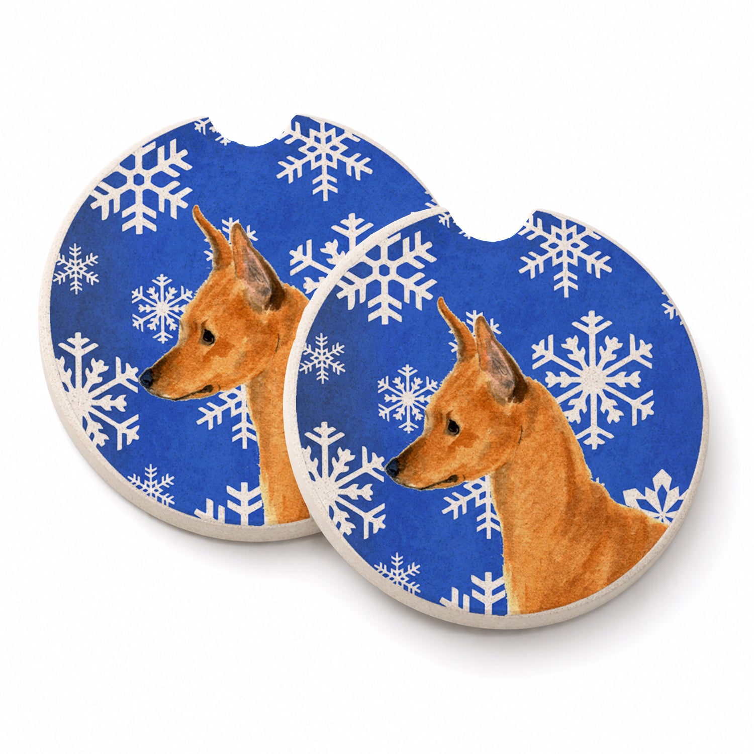 Min Pin Winter Snowflakes Holiday Set of 2 Cup Holder Car Coasters Absorbent Round Sandstone Coasters Gifts for Men or Women, 2.5, Multicolor