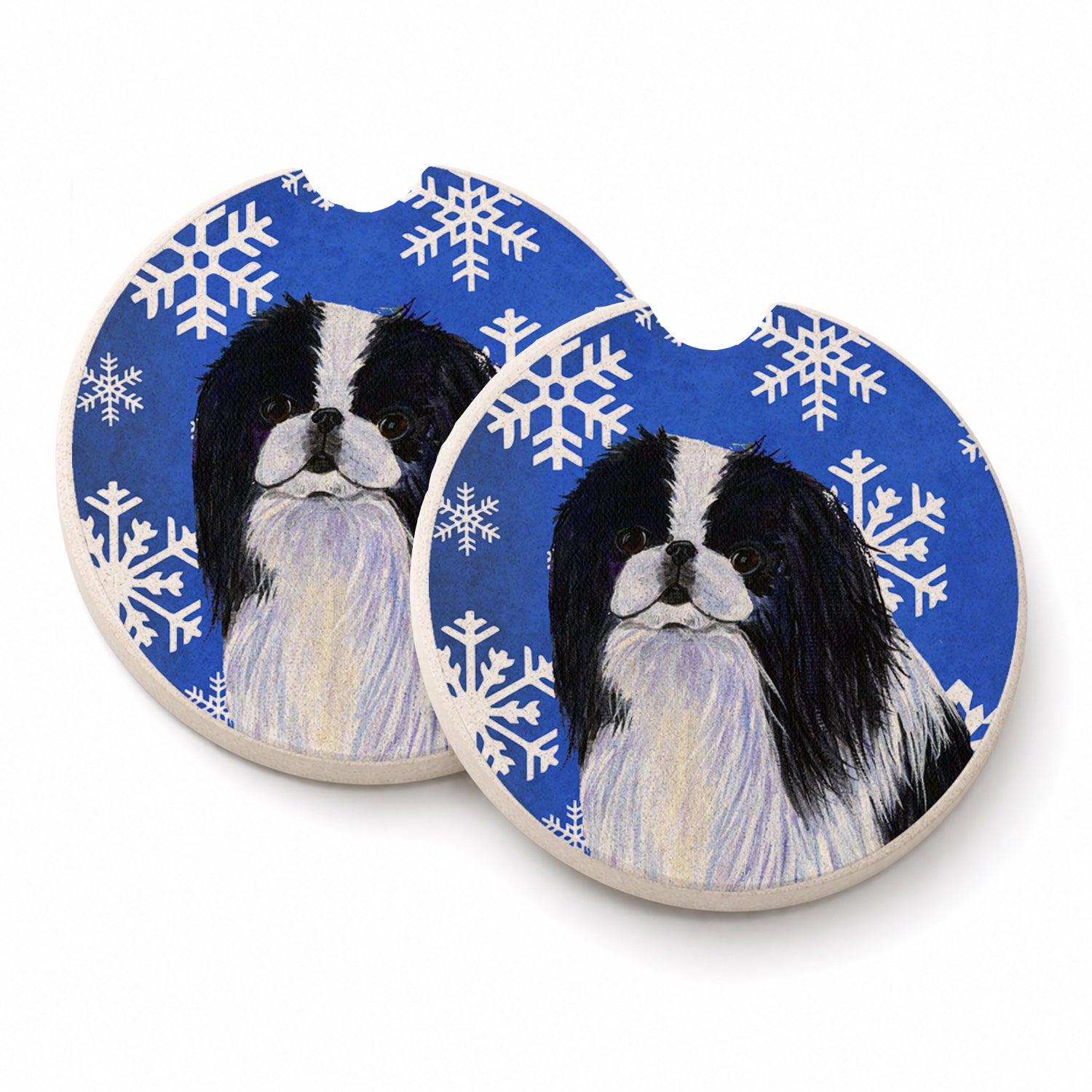 Japanese Chin Winter Snowflakes Holiday Set of 2 Cup Holder Car Coasters Absorbent Round Sandstone Coasters Gifts for Men or Women, 2.5, Multicolor