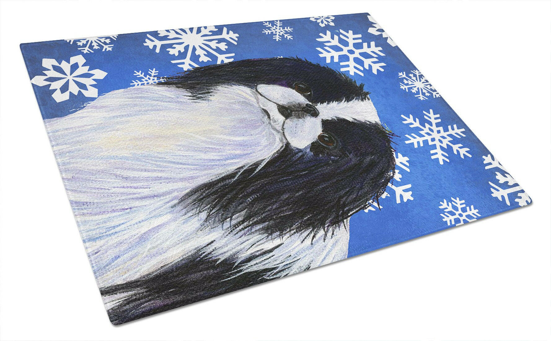 Japanese Chin Winter Snowflakes Holiday Cutting Board Tempered Glass Kitchen Cutting Surface, Heat Resistant Chopping, Non-Slip Feet, Food Prep & Serving