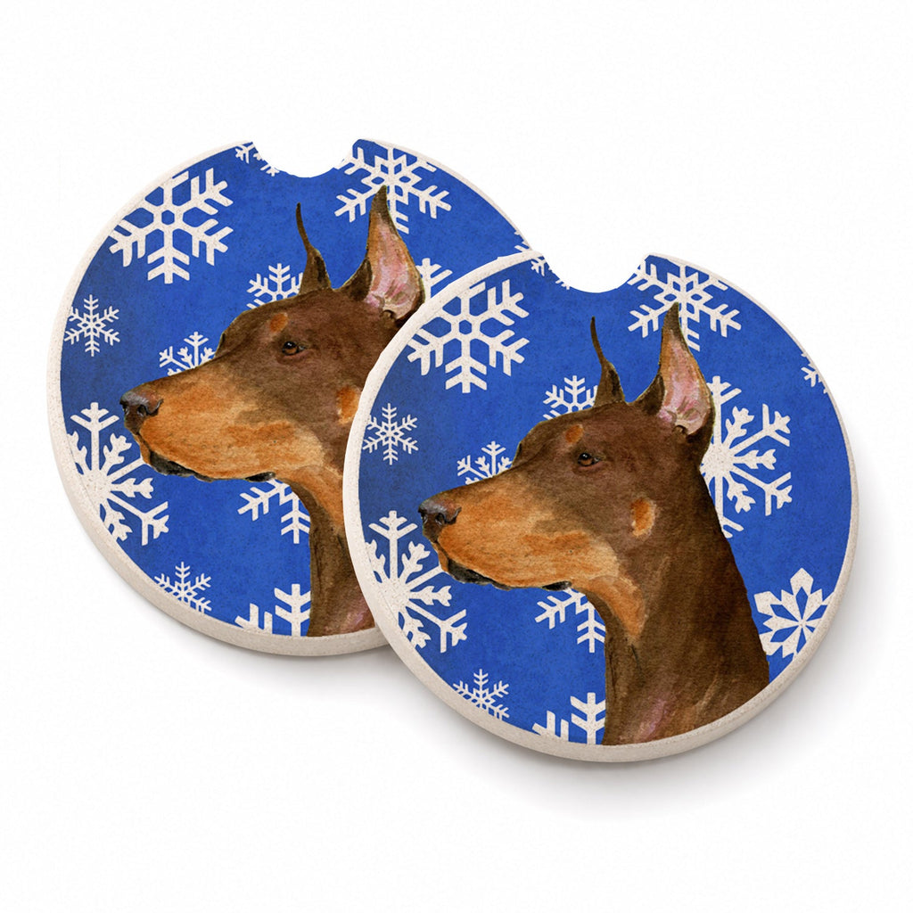 Doberman Winter Snowflakes Holiday Set of 2 Cup Holder Car Coasters Absorbent Round Sandstone Coasters Gifts for Men or Women, 2.5, Multicolor
