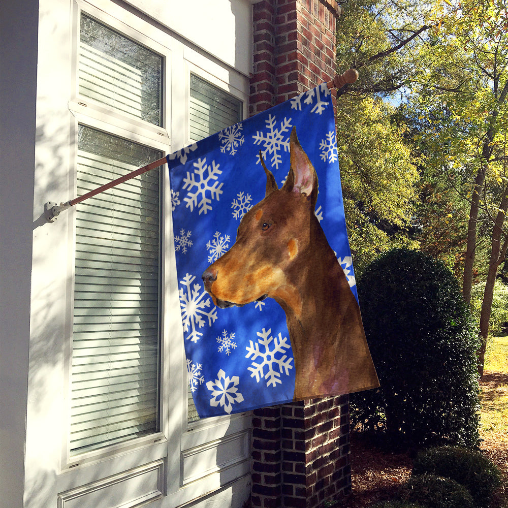 Doberman Winter Snowflakes Holiday House Flag 28x40 Porch Sleeve Pole Decorative Outside Yard Banner Artwork Wall Hanging, Polyester