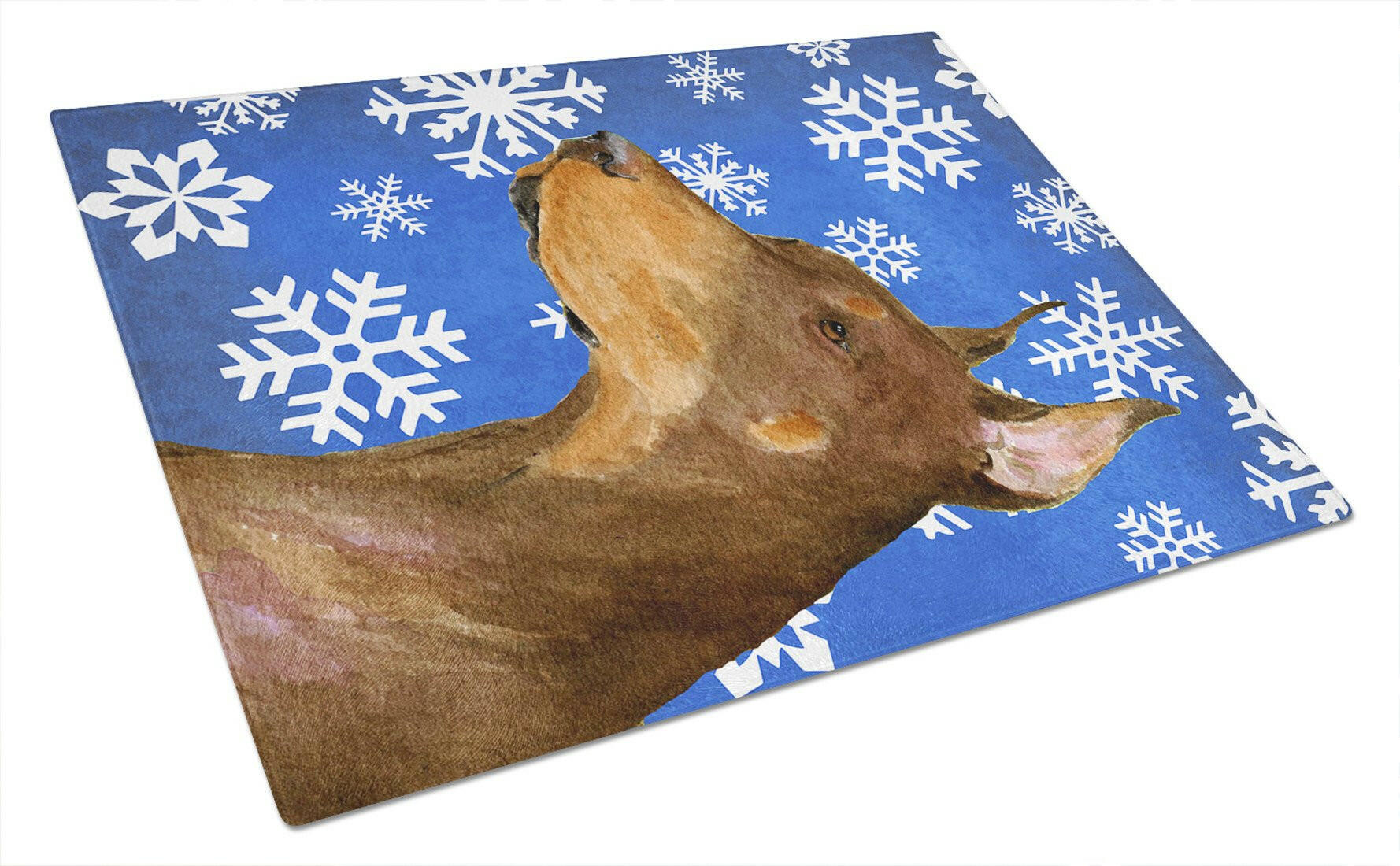 Doberman Winter Snowflakes Holiday Cutting Board Tempered Glass Kitchen Cutting Surface, Heat Resistant Chopping, Non-Slip Feet, Food Prep & Serving