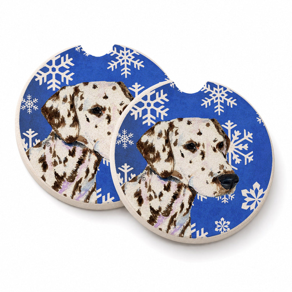 Dalmatian Winter Snowflakes Holiday Set of 2 Cup Holder Car Coasters Absorbent Round Sandstone Coasters Gifts for Men or Women, 2.5, Multicolor