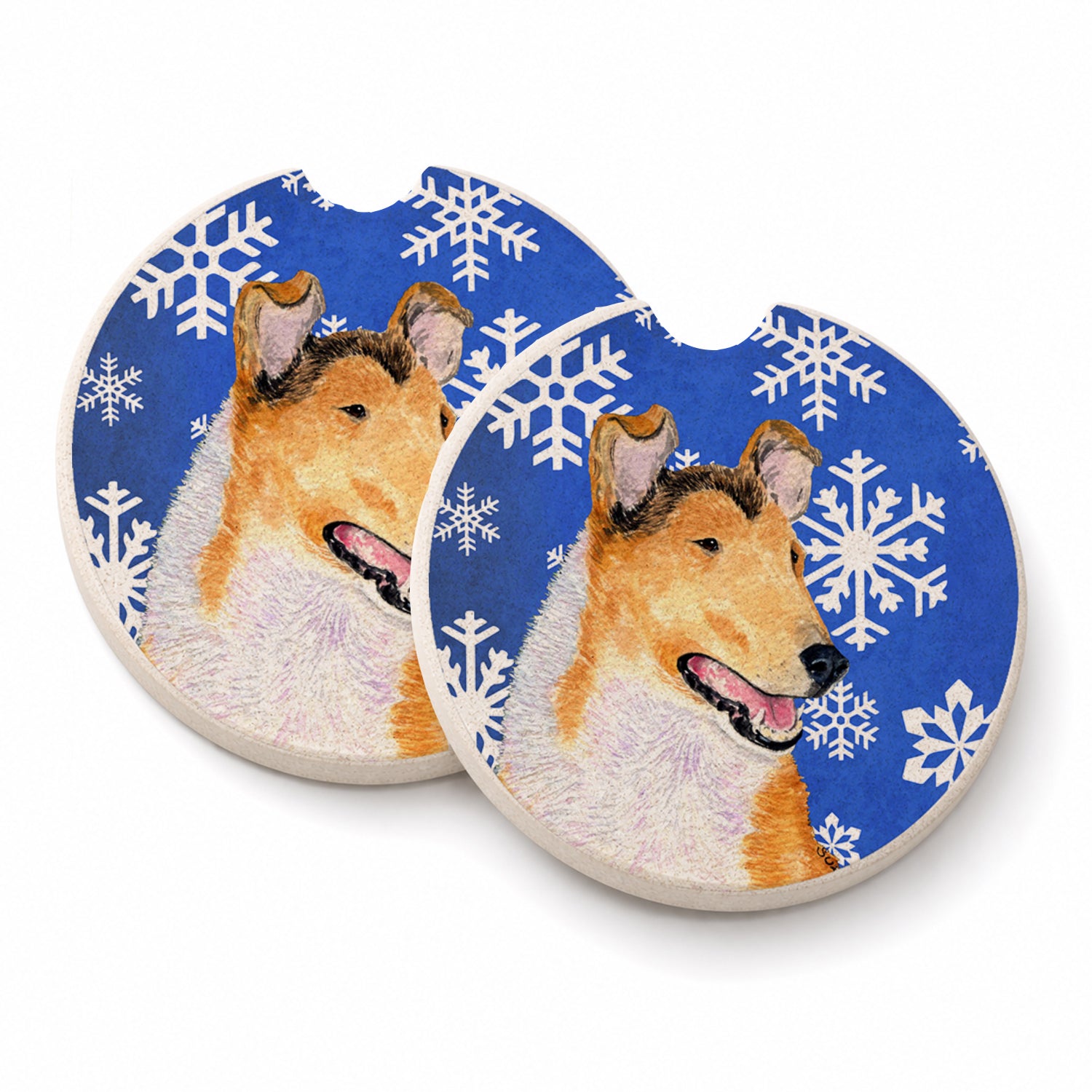 Collie Smooth Winter Snowflakes Holiday Set of 2 Cup Holder Car Coasters Absorbent Round Sandstone Coasters Gifts for Men or Women, 2.5, Multicolor