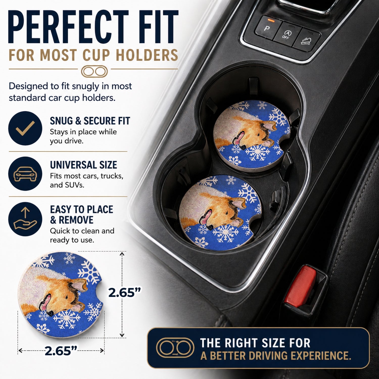 Collie Smooth Winter Snowflakes Holiday Set of 2 Cup Holder Car Coasters Absorbent Round Sandstone Coasters Gifts for Men or Women, 2.5, Multicolor