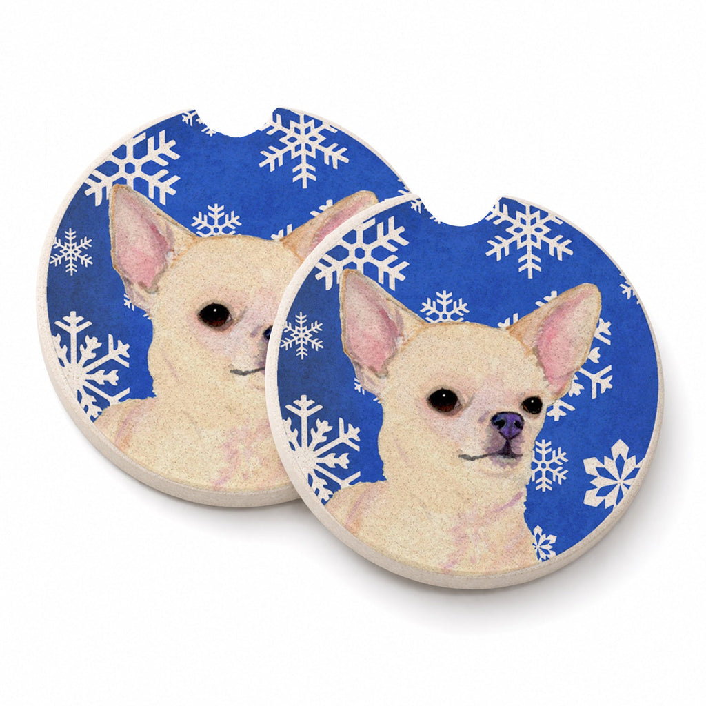 Chihuahua Winter Snowflakes Holiday Set of 2 Cup Holder Car Coasters Absorbent Round Sandstone Coasters Gifts for Men or Women, 2.5, Multicolor