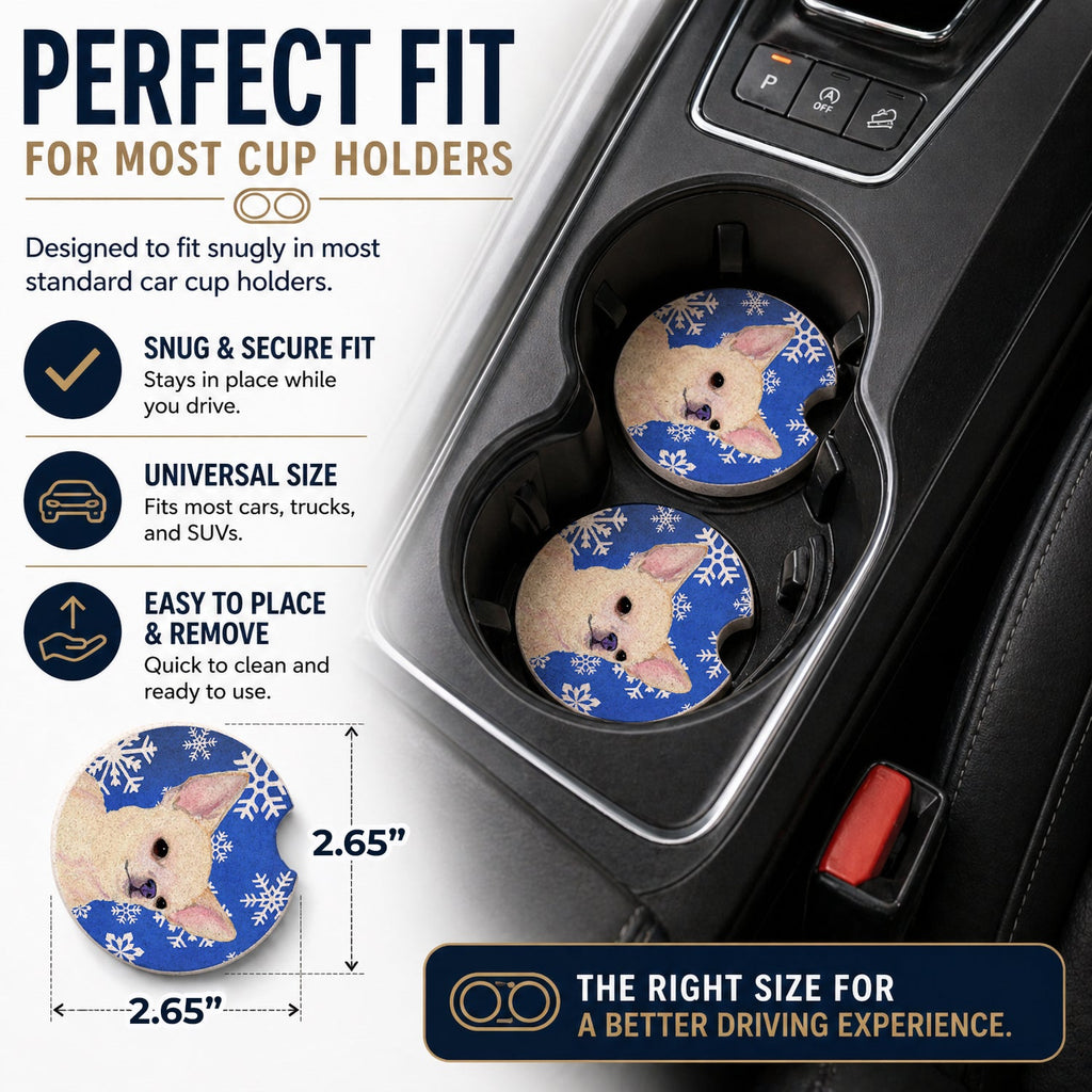 Chihuahua Winter Snowflakes Holiday Set of 2 Cup Holder Car Coasters Absorbent Round Sandstone Coasters Gifts for Men or Women, 2.5, Multicolor