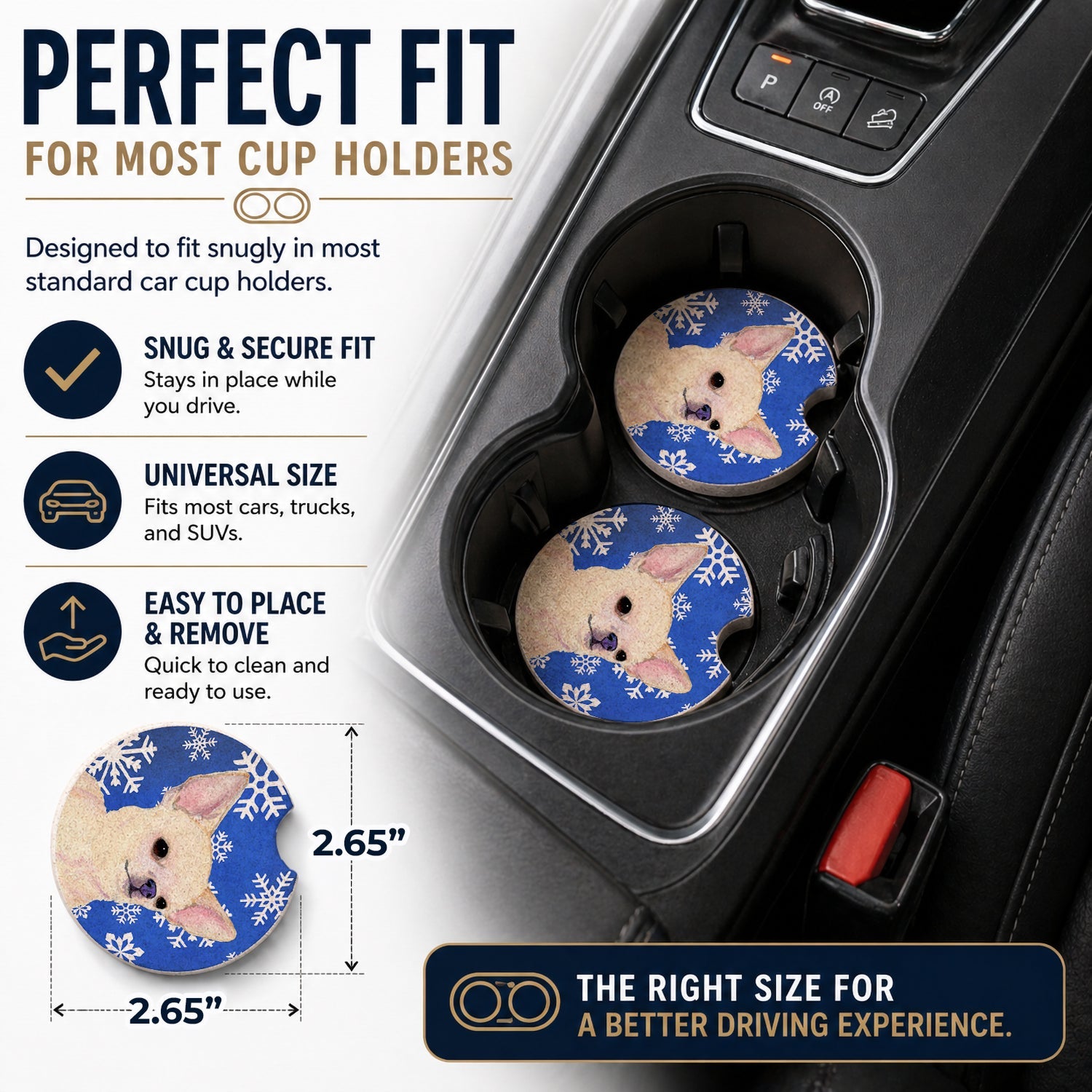 Chihuahua Winter Snowflakes Holiday Set of 2 Cup Holder Car Coasters Absorbent Round Sandstone Coasters Gifts for Men or Women, 2.5, Multicolor
