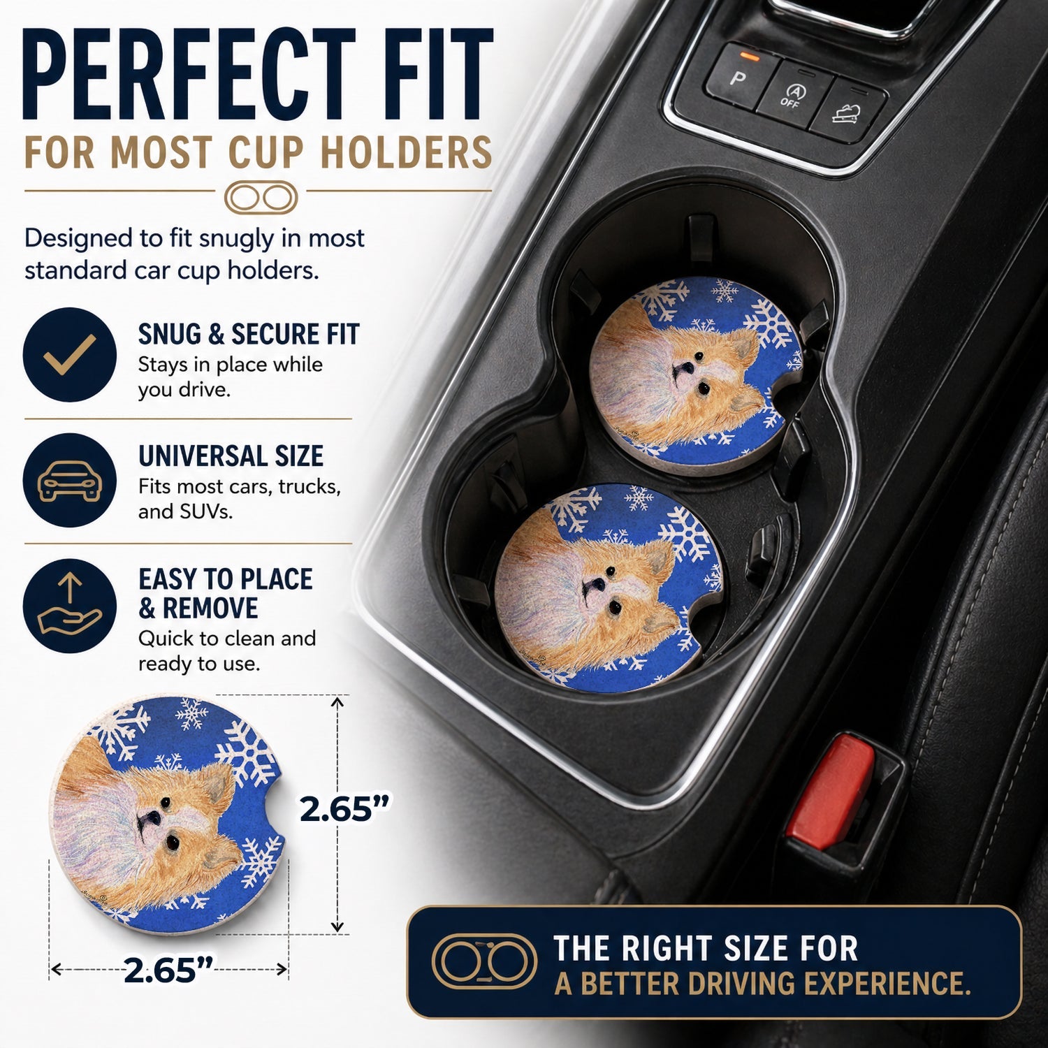 Chihuahua Winter Snowflakes Holiday Set of 2 Cup Holder Car Coasters Absorbent Round Sandstone Coasters Gifts for Men or Women, 2.5, Multicolor