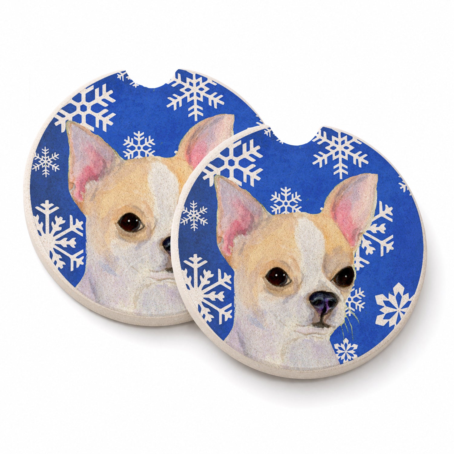 Chihuahua Winter Snowflakes Holiday Set of 2 Cup Holder Car Coasters Absorbent Round Sandstone Coasters Gifts for Men or Women, 2.5, Multicolor