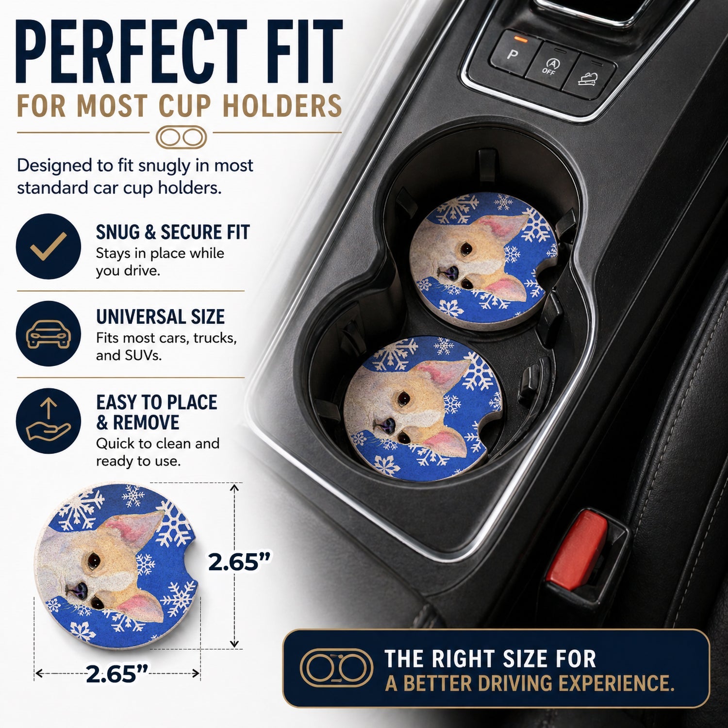 Chihuahua Winter Snowflakes Holiday Set of 2 Cup Holder Car Coasters Absorbent Round Sandstone Coasters Gifts for Men or Women, 2.5, Multicolor