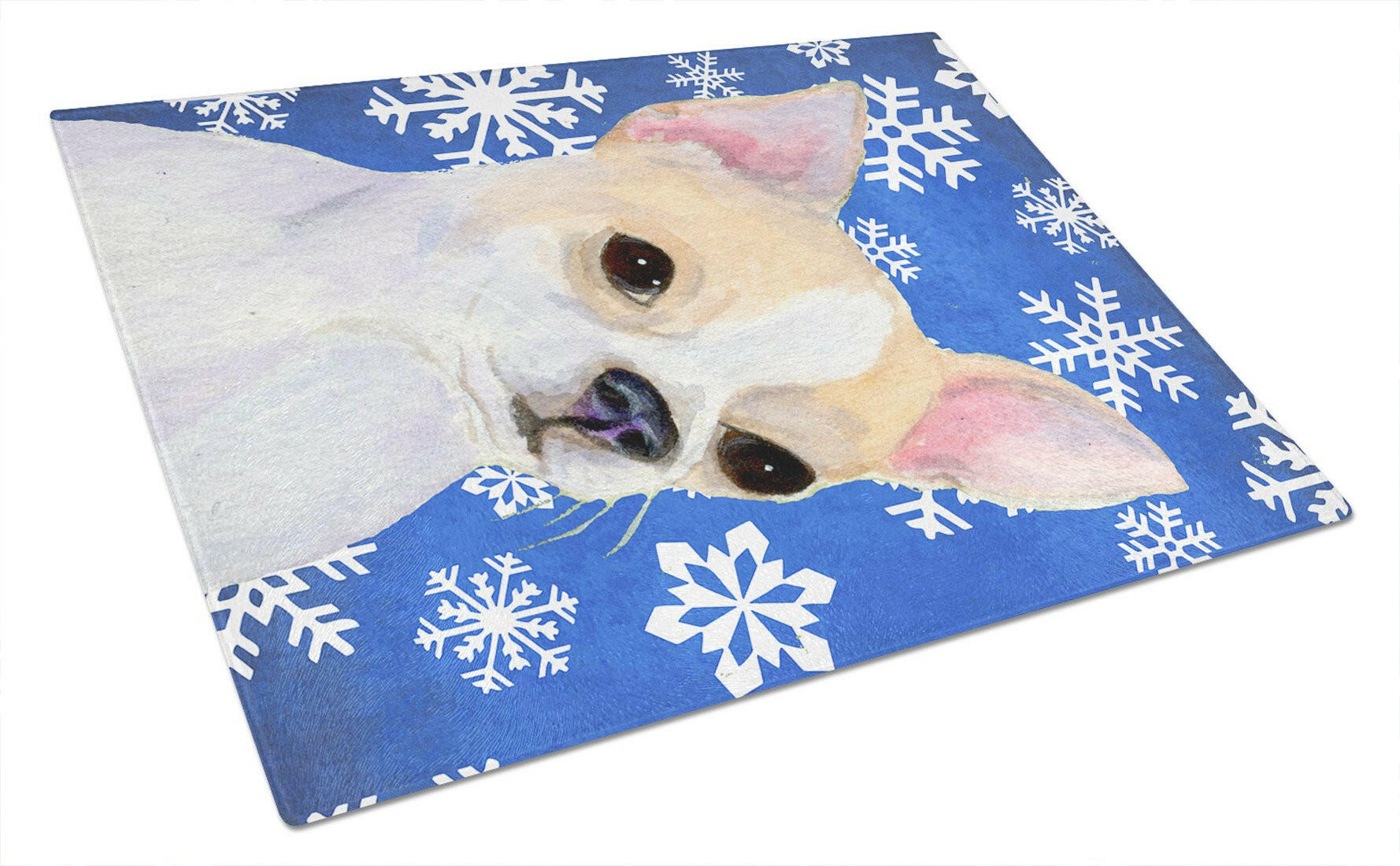 Chihuahua Winter Snowflakes Holiday Cutting Board Tempered Glass Kitchen Cutting Surface, Heat Resistant Chopping, Non-Slip Feet, Food Prep & Serving