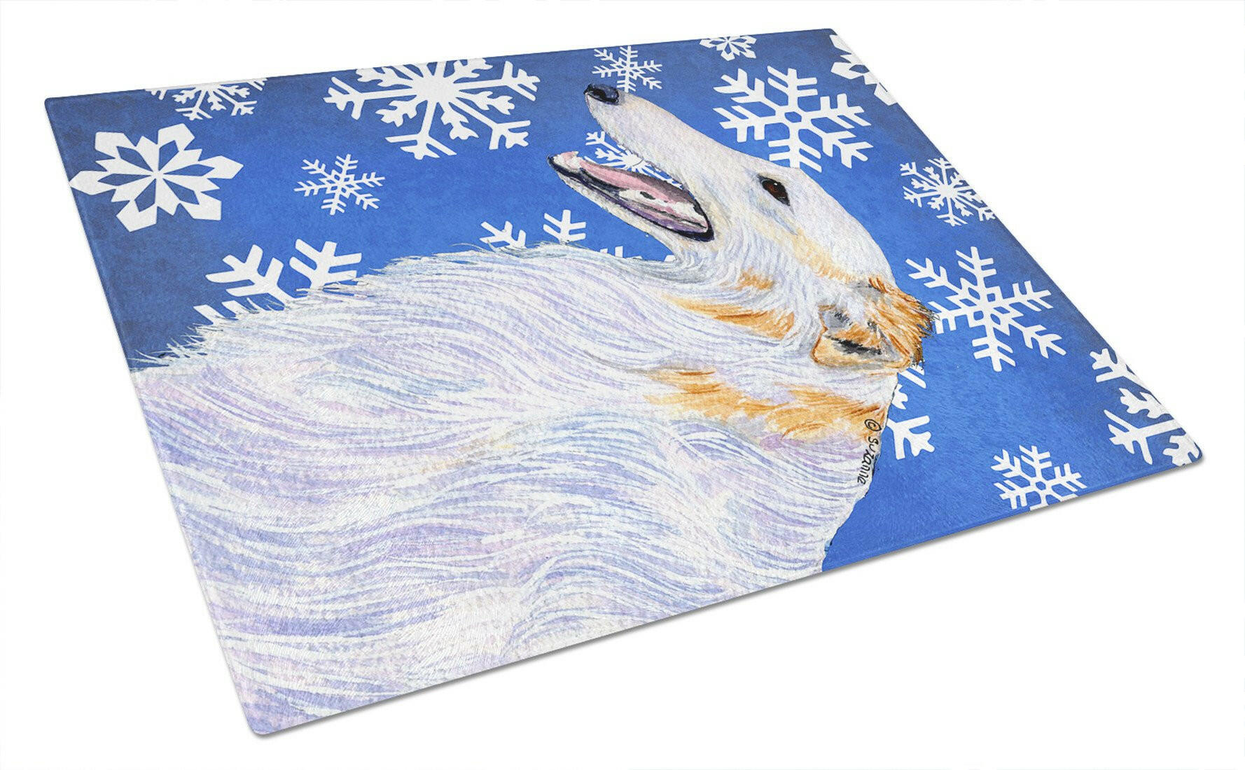 Borzoi Winter Snowflakes Holiday Cutting Board Tempered Glass Kitchen Cutting Surface, Heat Resistant Chopping, Non-Slip Feet, Food Prep & Serving