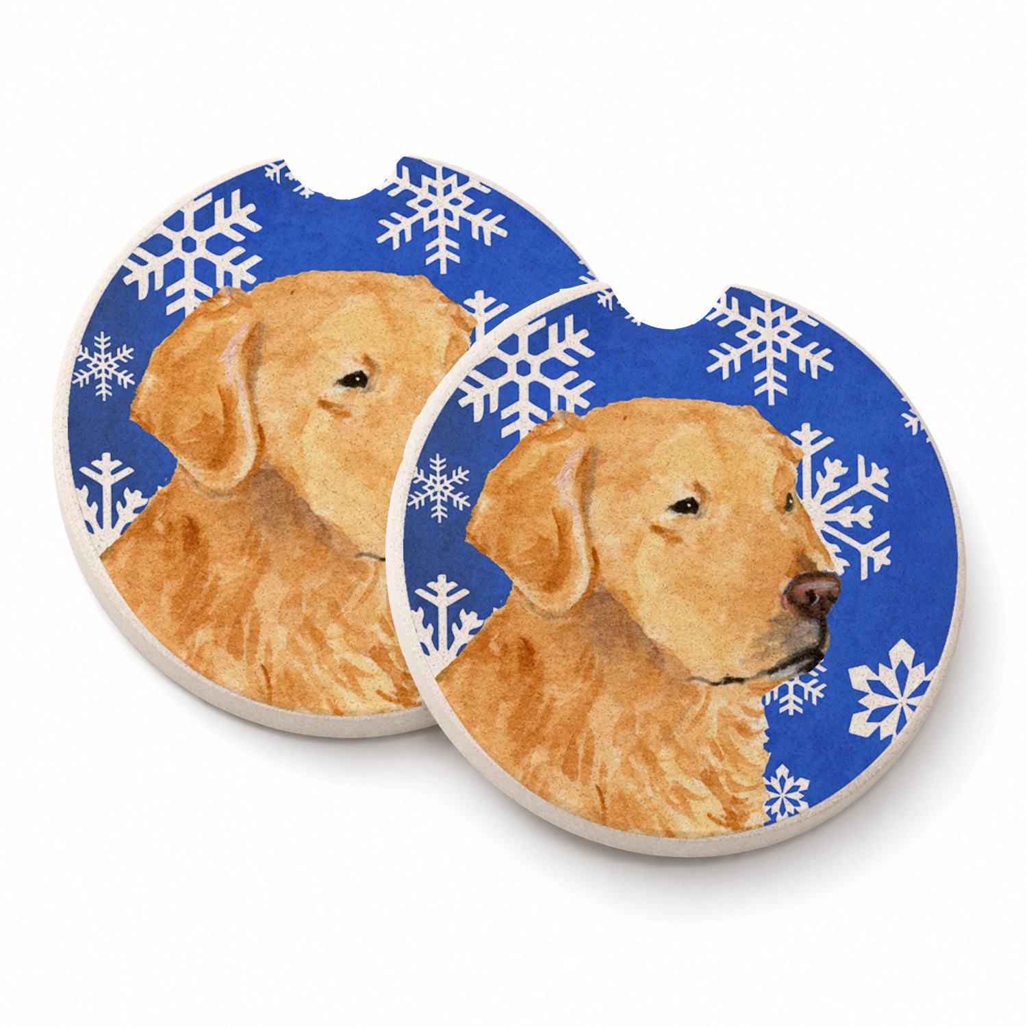 Golden Retriever Winter Snowflakes Holiday Set of 2 Cup Holder Car Coasters Absorbent Round Sandstone Coasters Gifts for Men or Women, 2.5, Multicolor