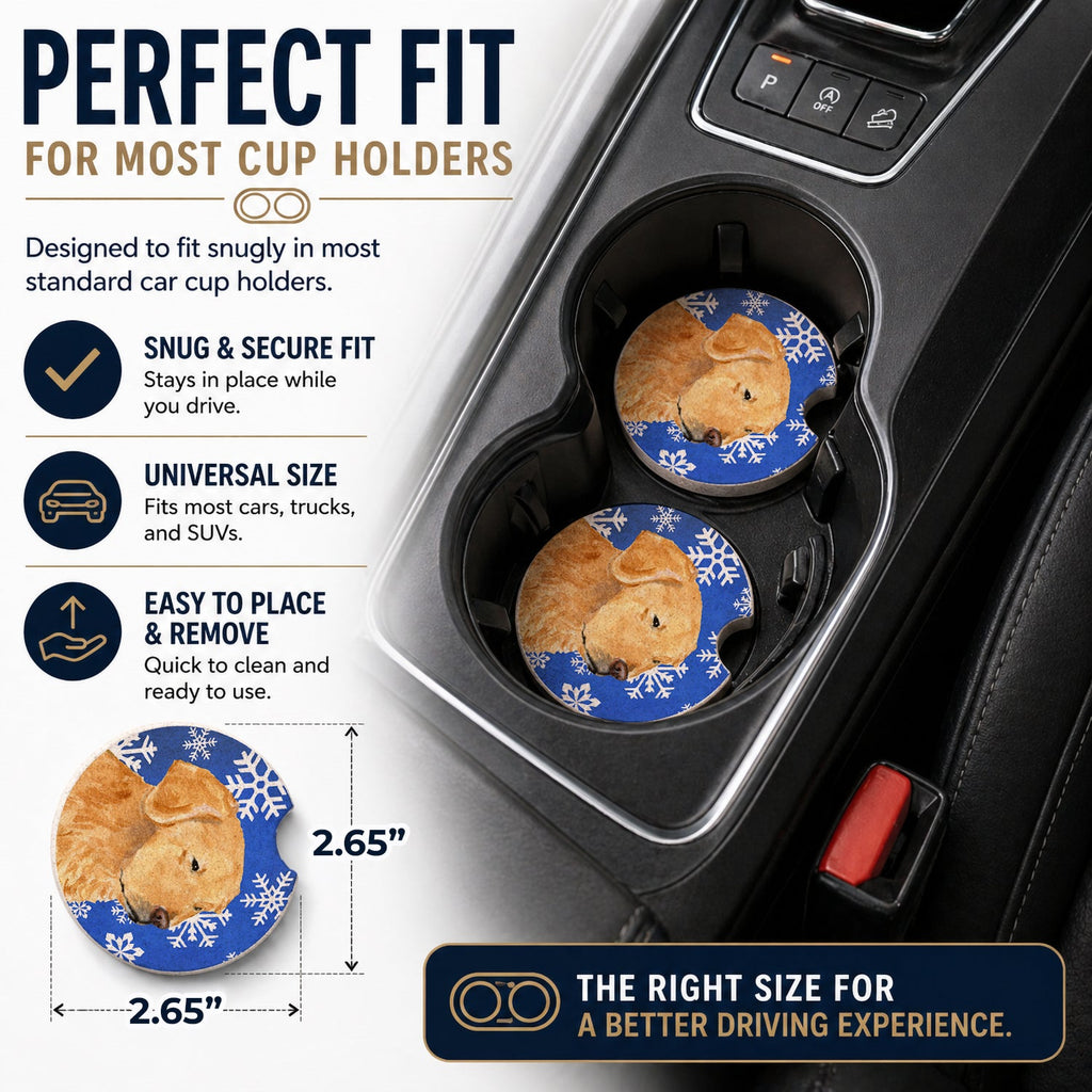 Golden Retriever Winter Snowflakes Holiday Set of 2 Cup Holder Car Coasters Absorbent Round Sandstone Coasters Gifts for Men or Women, 2.5, Multicolor