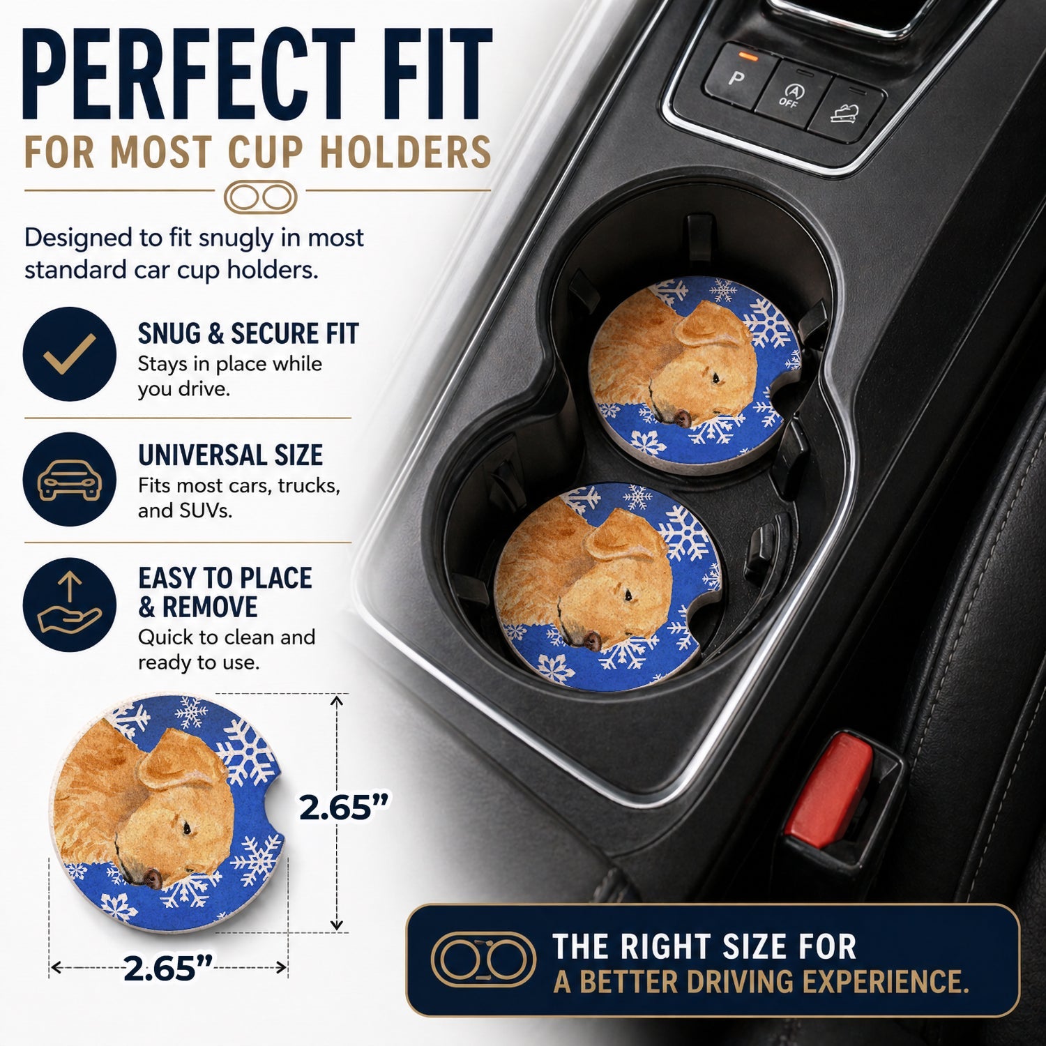 Golden Retriever Winter Snowflakes Holiday Set of 2 Cup Holder Car Coasters Absorbent Round Sandstone Coasters Gifts for Men or Women, 2.5, Multicolor