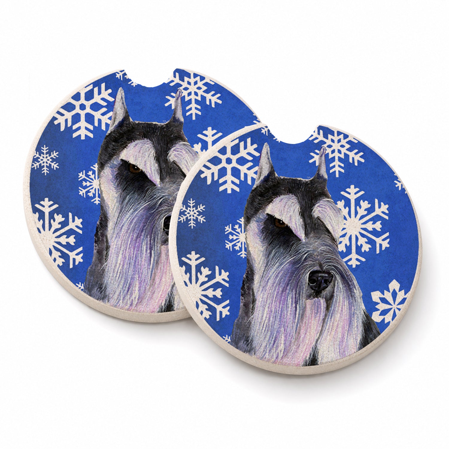 Schnauzer Winter Snowflakes Holiday Set of 2 Cup Holder Car Coasters Absorbent Round Sandstone Coasters Gifts for Men or Women, 2.5, Multicolor