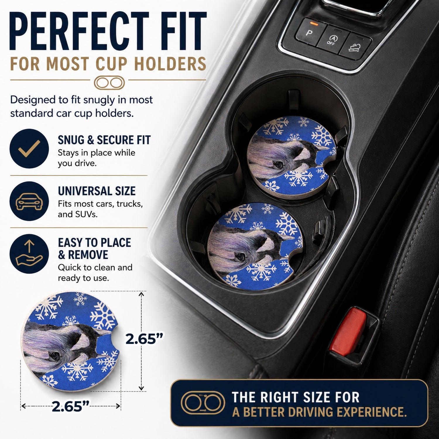 Schnauzer Winter Snowflakes Holiday Set of 2 Cup Holder Car Coasters Absorbent Round Sandstone Coasters Gifts for Men or Women, 2.5, Multicolor