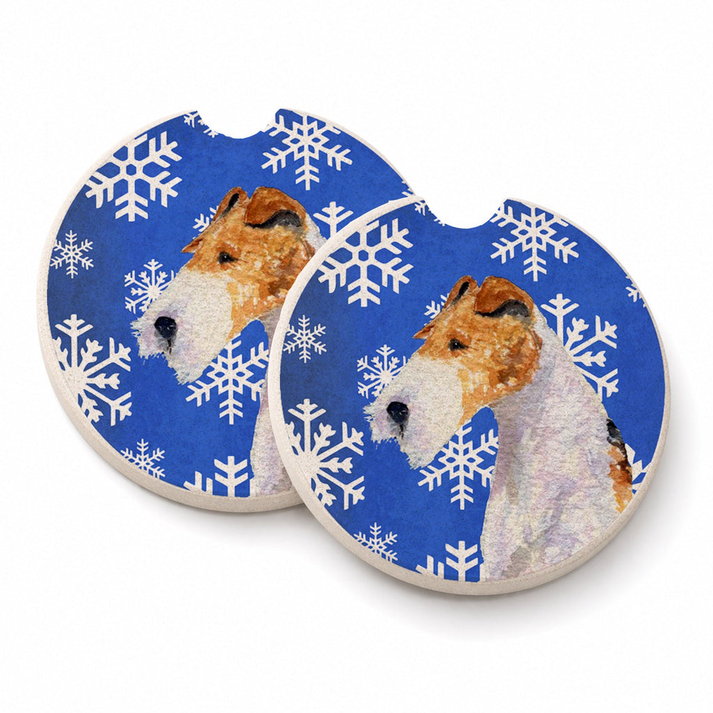 Fox Terrier Winter Snowflakes Holiday Set of 2 Cup Holder Car Coasters Absorbent Round Sandstone Coasters Gifts for Men or Women, 2.5, Multicolor