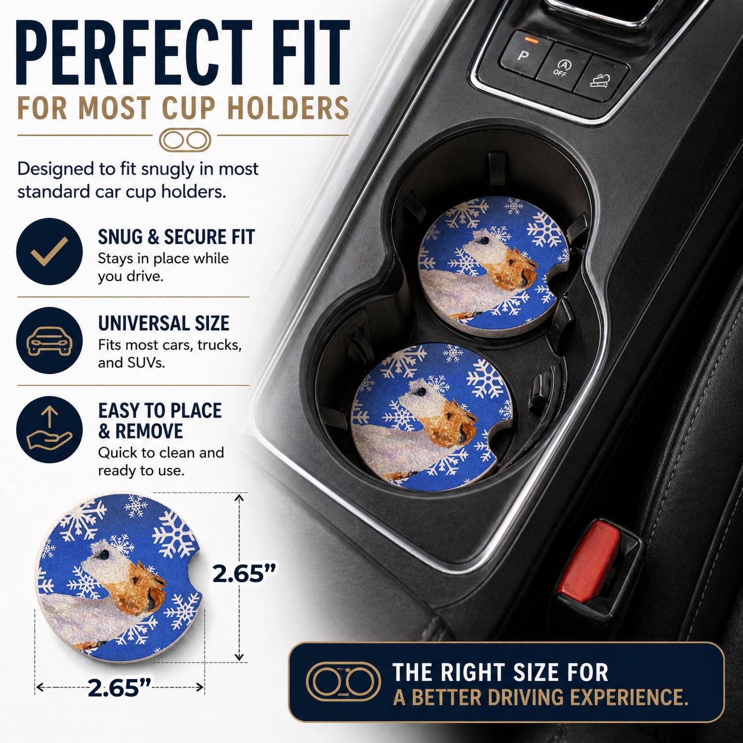 Fox Terrier Winter Snowflakes Holiday Set of 2 Cup Holder Car Coasters Absorbent Round Sandstone Coasters Gifts for Men or Women, 2.5, Multicolor